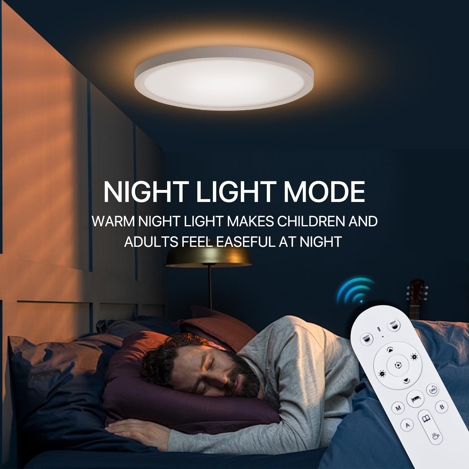 12Inch 1Pack Flush Mount Led Ceiling Light With Remote Control,Dimmable 2000K Warm Nightlight For Bedroom,24W 3000K-6500K Color