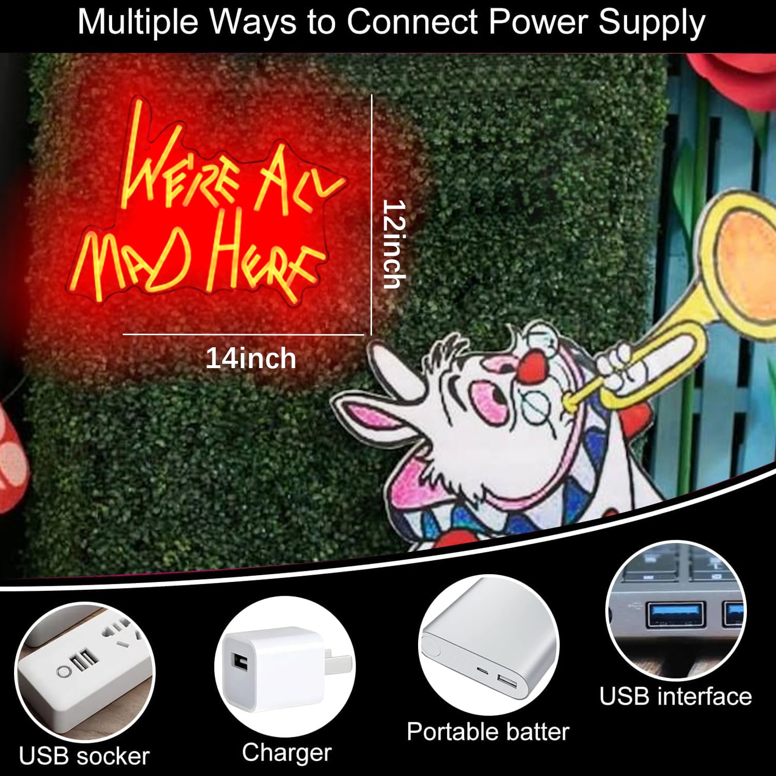 We Re All Mad Here Neon Signs/ 14 * 12 Inch/Alice In Wonderland Party Decor  Mad Hatter Tea Party Neon Lights With Diimer Switch For Bedroom Bar Home Dorm Birthday Gifts