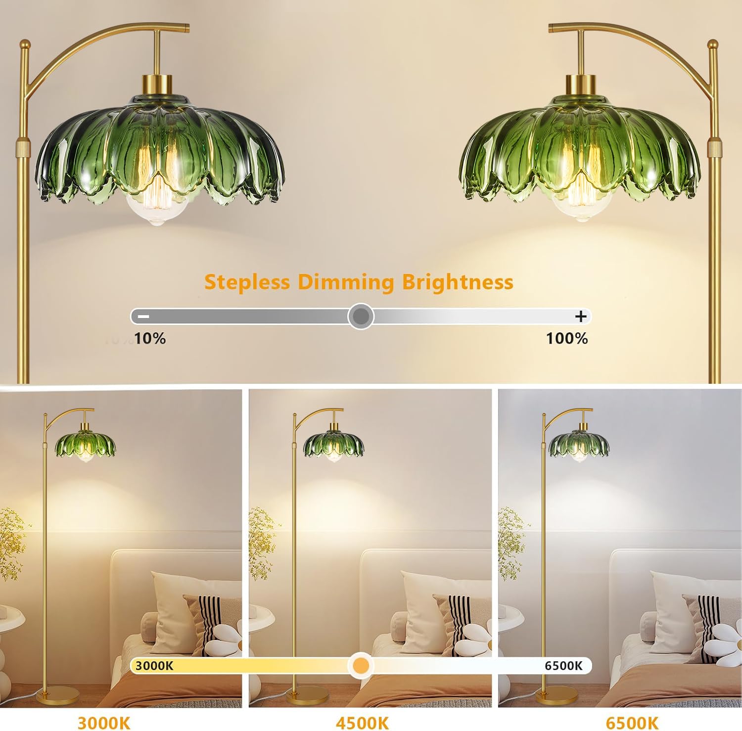 ILLMTW Gold Floor Lamp - Mid Century Modern Dimmable Tall Lamp with Remote, Vintage Green Glass, Bohemian Style, Model SC-JZX-LDD-HYZM