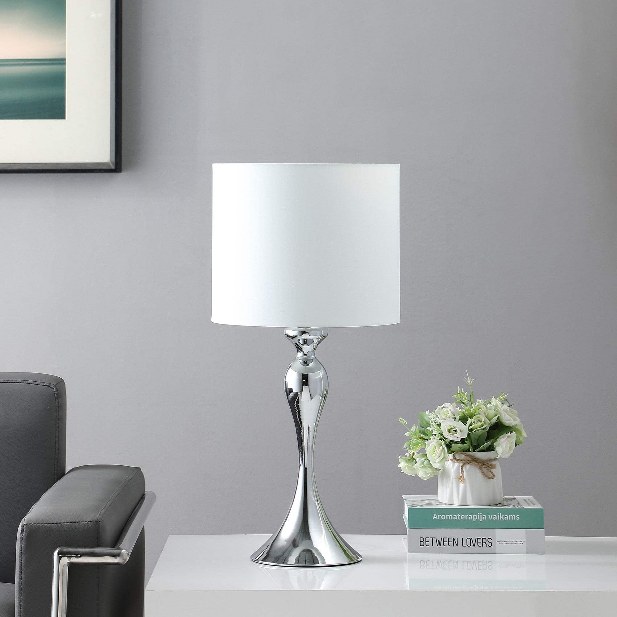 HomeRoots Silver Table Lamp with Off White Drum Shade, Metal, Model 524252, 24.5 x 12 x 12 in.
