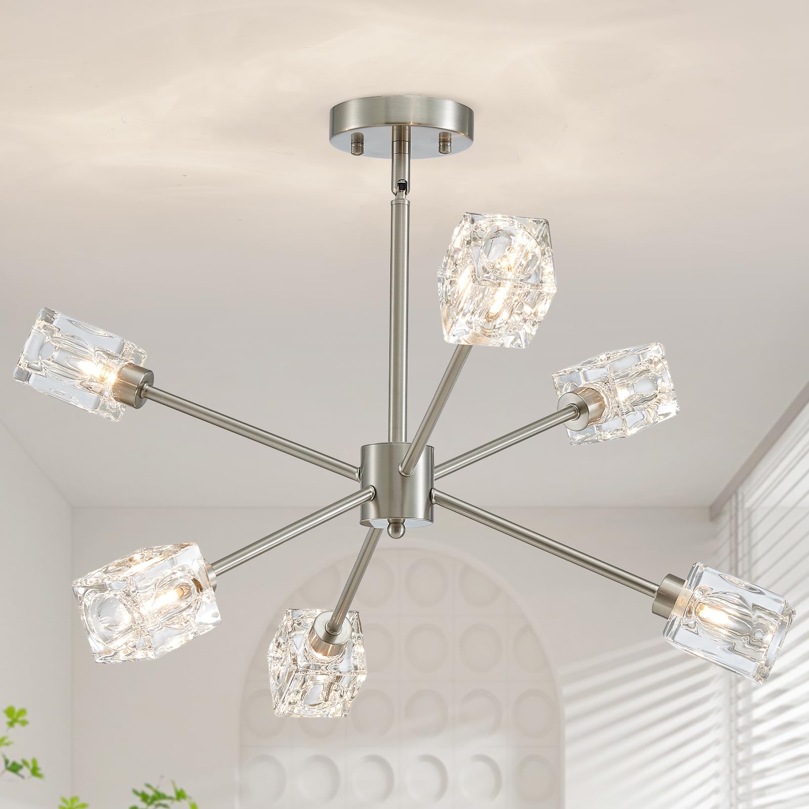 Xingqi 6-Light Semi Flush Mount Ceiling Light Fixture Modern Brushed Nickel Sputnik Chandelier 25.2'' Ceiling Lighting For Bedro