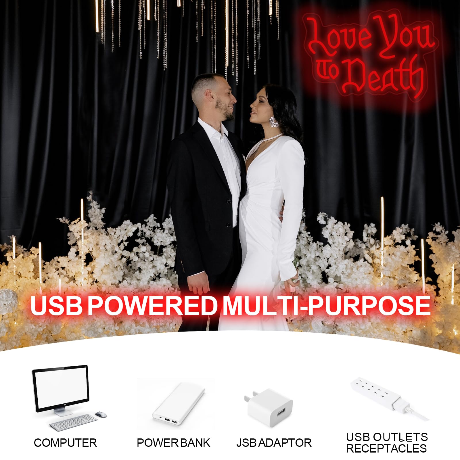 mllusxg Love You to Death Neon Sign, 5-Level Dimmable, Large, Goth Room Decor, Gothic Wedding Sign
