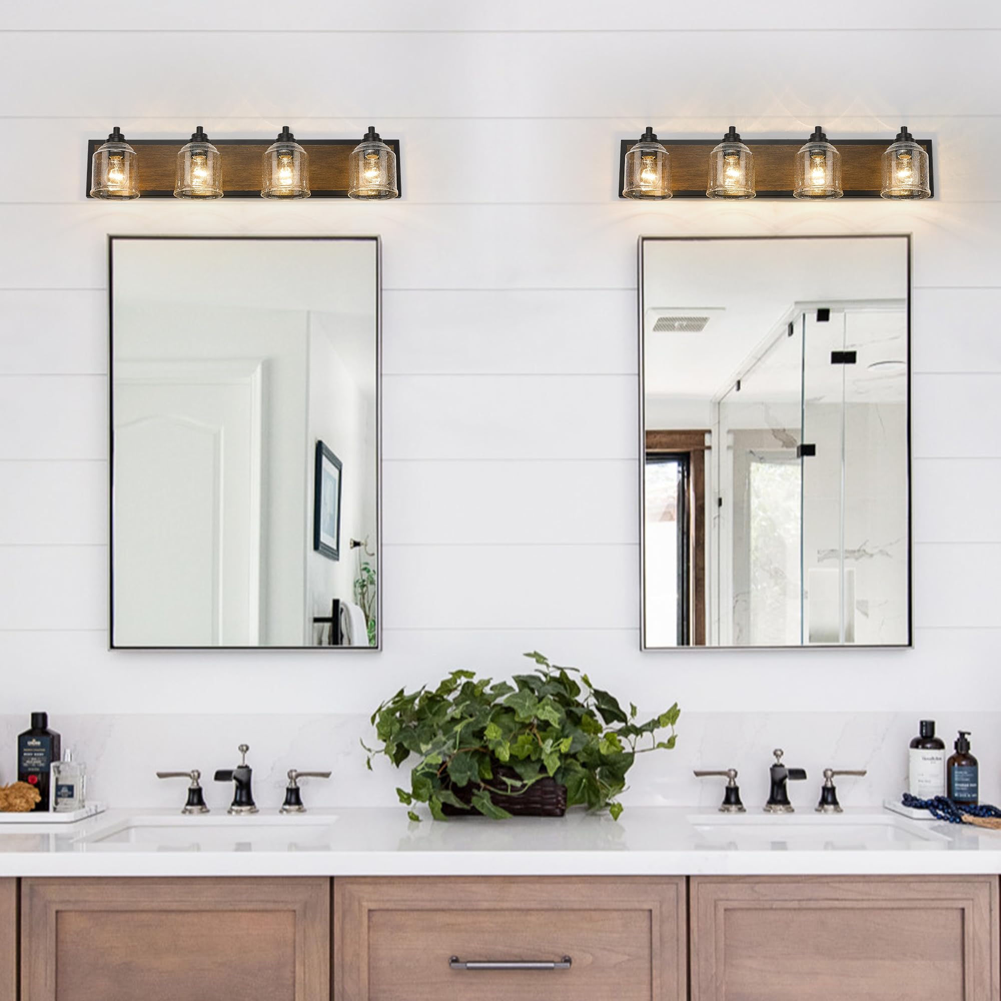 YKLITG 31.5 inch Farmhouse Bathroom Vanity Light Fixture, 4-Light Dark Wood Rustic Vanity Light with Seeded Glass Shades for Bat