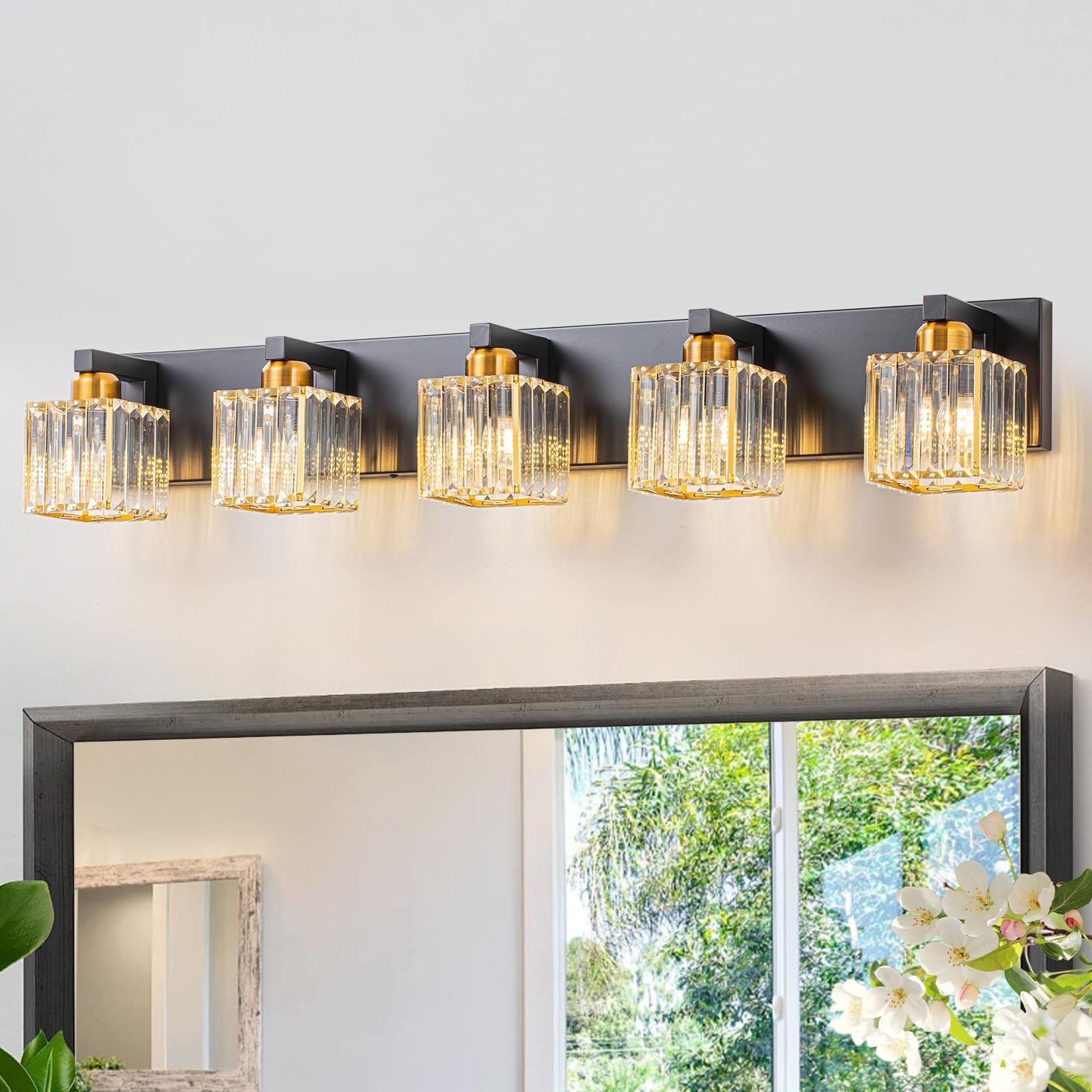 Huoku Crystal Black Gold Bathroom Vanity Light, 5-Lights Bathroom Lighting Fixtures Over Mirror Modern Glam Crystal Wall Lightin