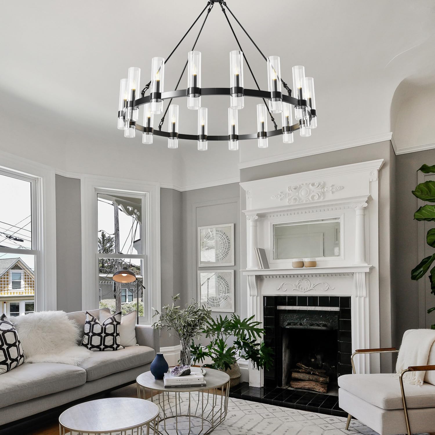 JKLX 48 Inch Black Wagon Wheel Chandelier, 16 Lights, Glass Shade, Model BOLI-1.1-1.2-1.35