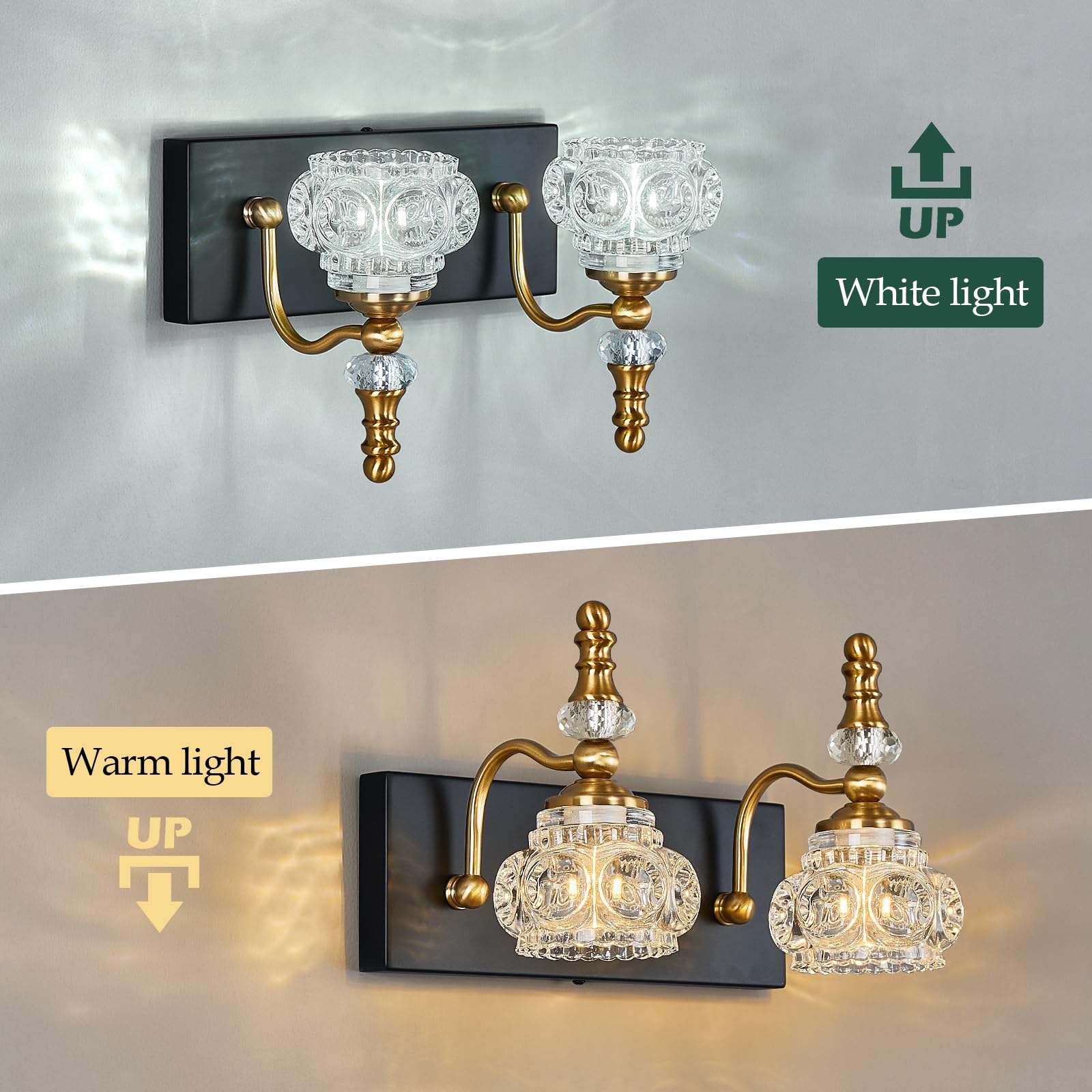 Lbsqj Modern Glass Crystal Vanity Light - Vintage Bathroom Lighting Fixtures Over Mirror  2 Light Vanity Lights G9 Bulb (11.81 Inch  Black Gold)