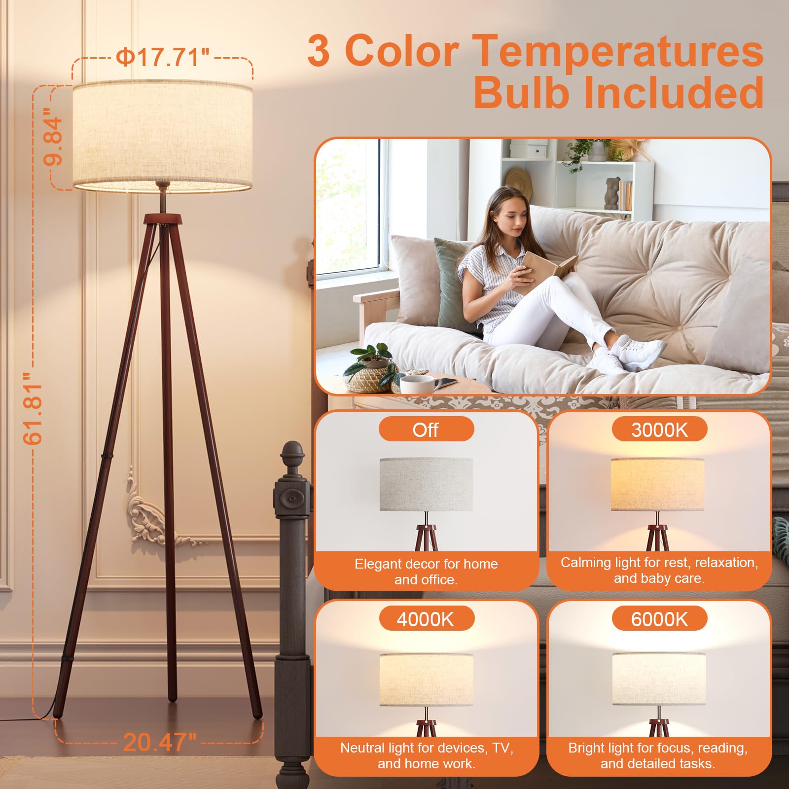 Litehistory Wood Tripod Floor Lamps For Bedroom, Living Room, And Office,Corner Lamp With Beige Linen Shade, 12W Three-Color Bul