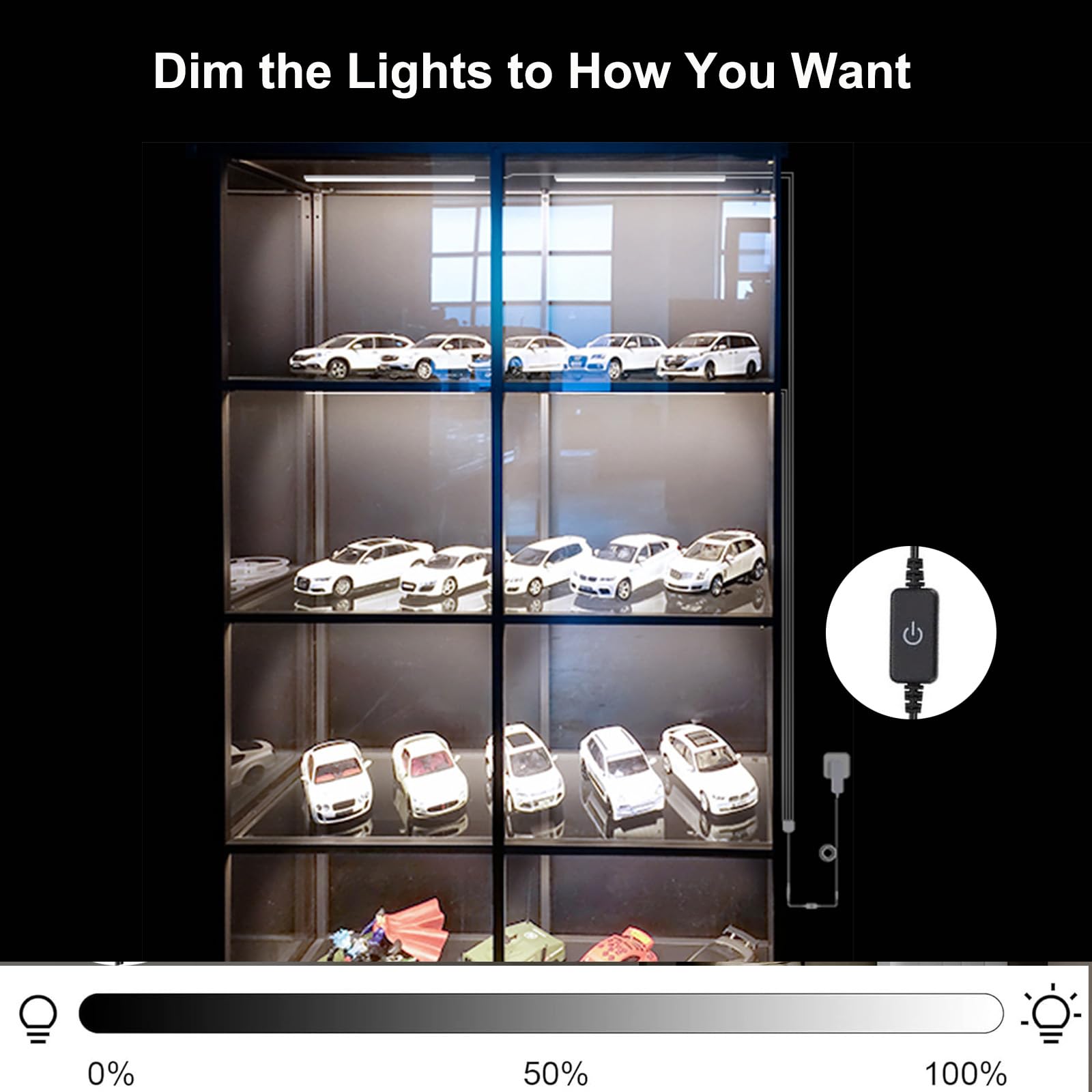 Martronic 4-Pack LED Display Case Lighting Kit, 12 Inch Black Dimmable Light Bars with 12V Adapter, Ideal for Shelves and Curio Cabinets