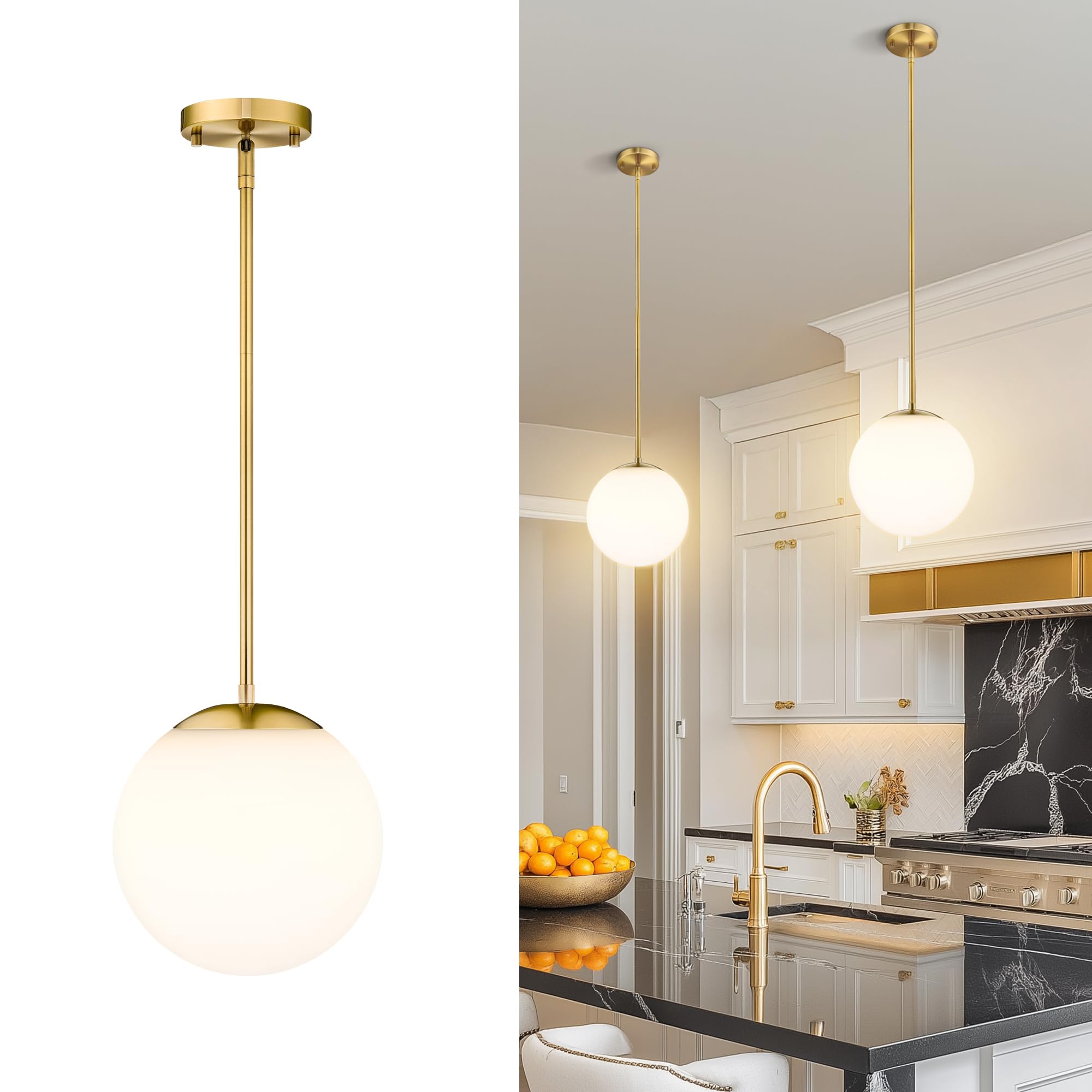 LMS 10 Inch Globe Pendant Lights  Brushed Gold Mid Century Kitchen Island Light Fixtures with White Globe Glass Shade  Adjustable Hanging Rod  Dining Room Kitchen  LMS-186PL-BGW-10