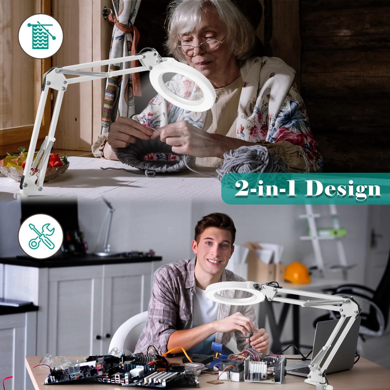 10X Magnifying Glass with Light and Stand, 5 Color Modes Stepless Dimmable 2-in-1 Desk Lamp with Clamp, Hands Free LED Lighted M