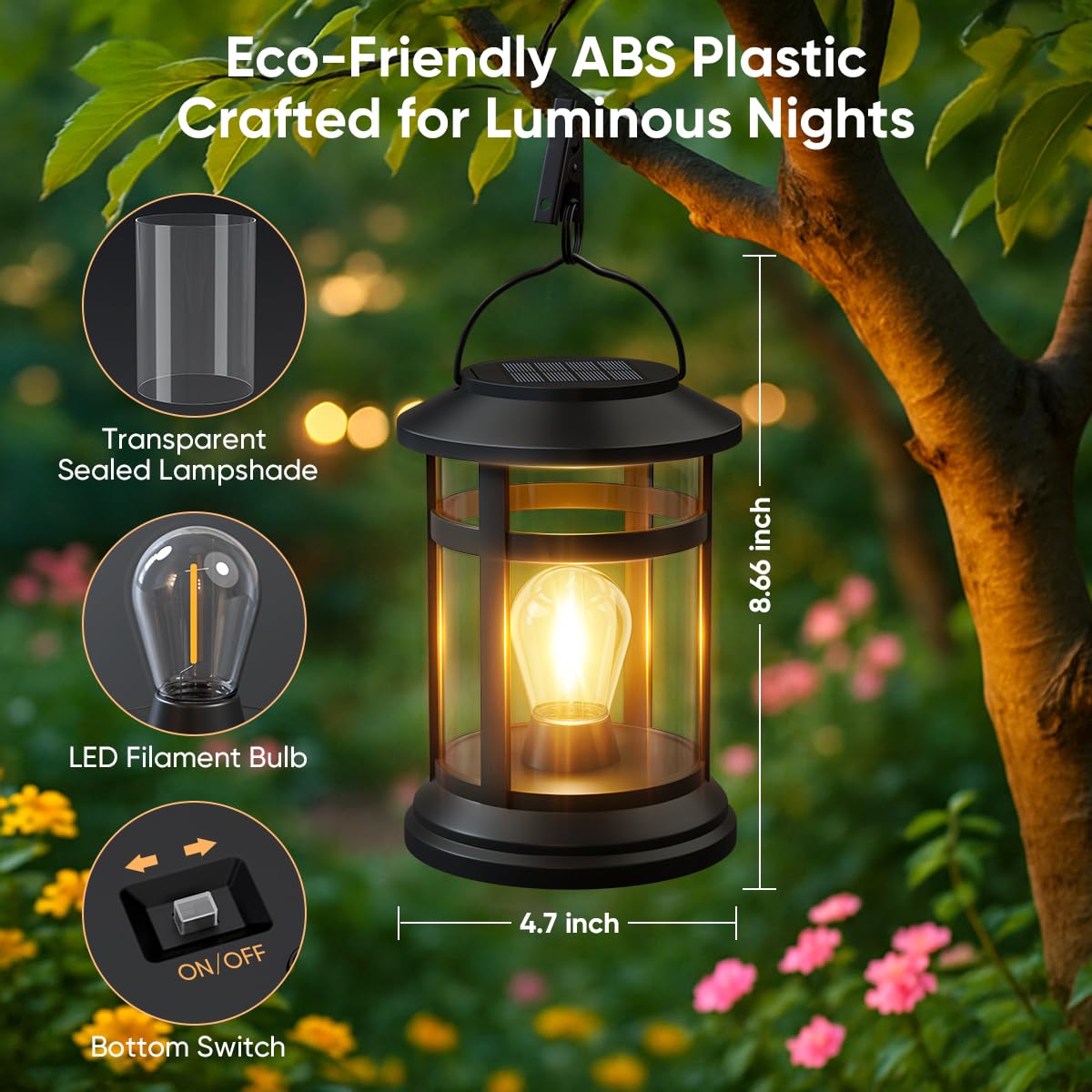 NFEVER Solar Lanterns - 2 Pack Waterproof Hanging Lights, LED Warm White, Black, Model HUNA-LAN-2P for Patio, Porch, Garden Decor