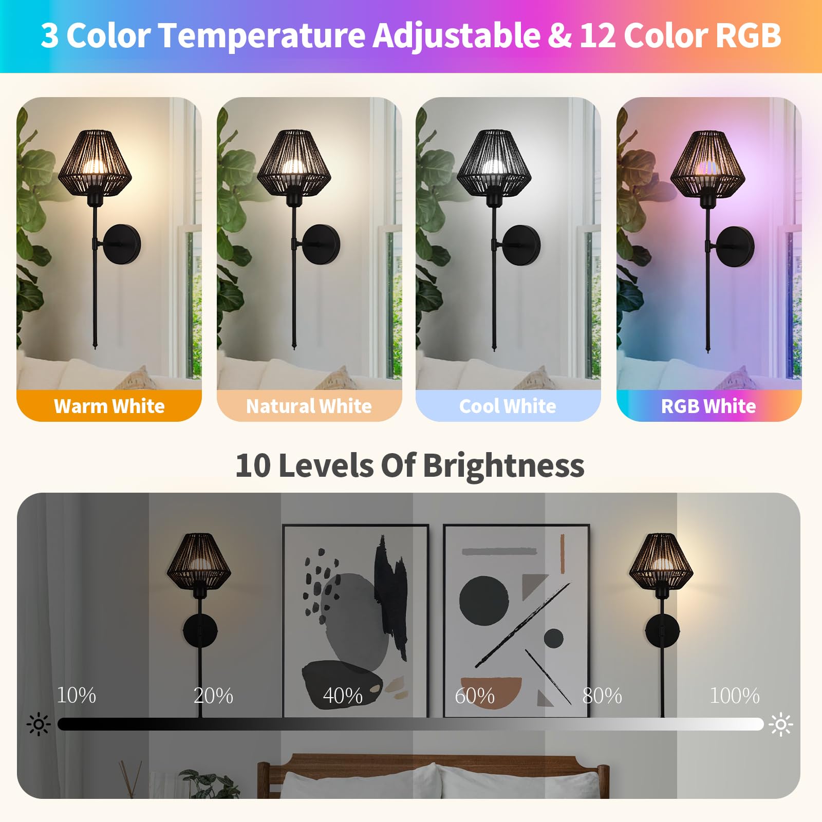 Ovyiech Wall Sconces Set of 2, Dimmable Rattan Rechargeable Light with Remote, 15 Color Changing, Black, Model YH8803H
