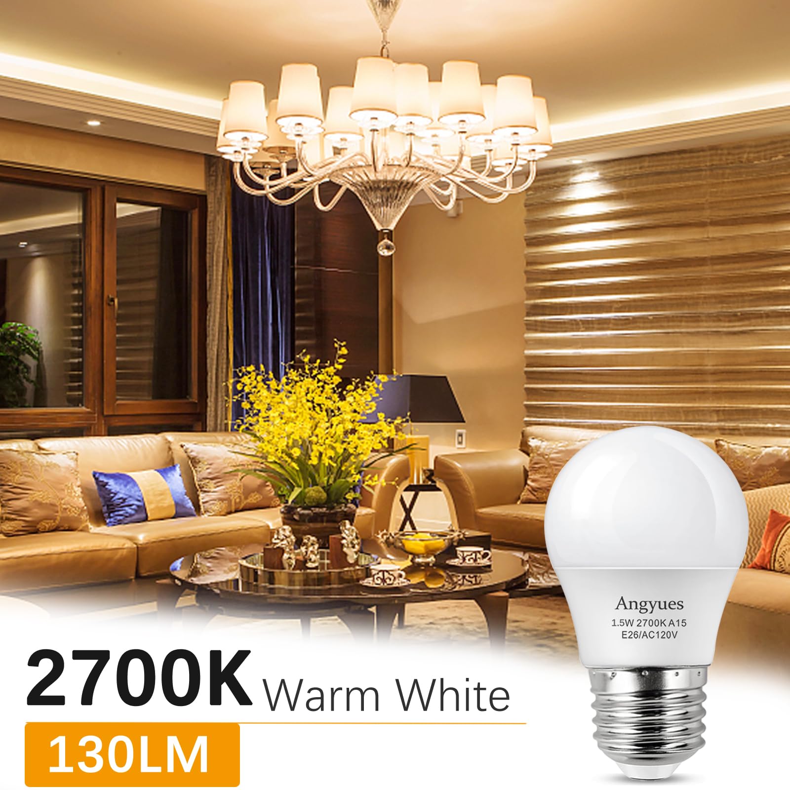 Angyues 15W Light Bulb Equivalent, A15 15 Watt Light Bulbs 2700K Soft White 120V E26 1.5W Led Bulb,Low Watt Light Bulbs Table La
