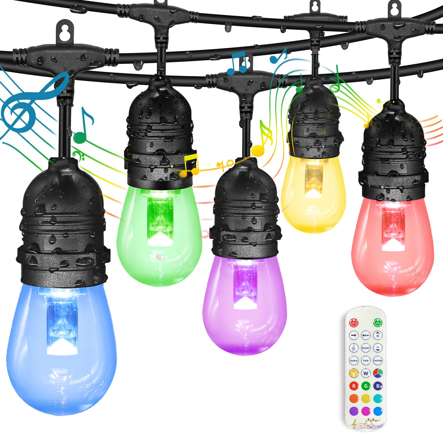 GANA Outdoor String Lights, 48FT×2PACK, RGBW Music Flash, 12V Low Voltage, Shatterproof, IP65 Waterproof, Heavy Duty Wire