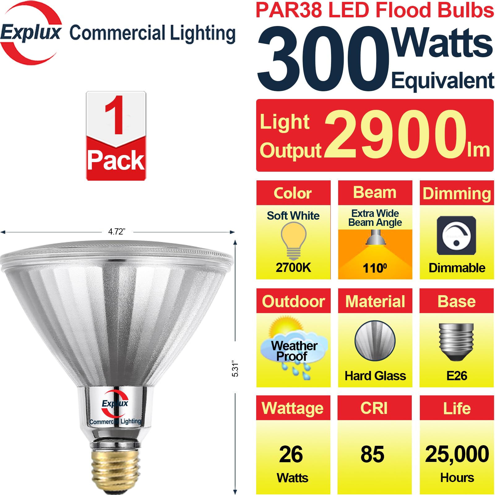 Explux PAR38 LED Flood Light Bulb, 300W Equivalent, 2900 Lumens, Dimmable, 1-Pack, 2700K Soft White, Waterproof Glass