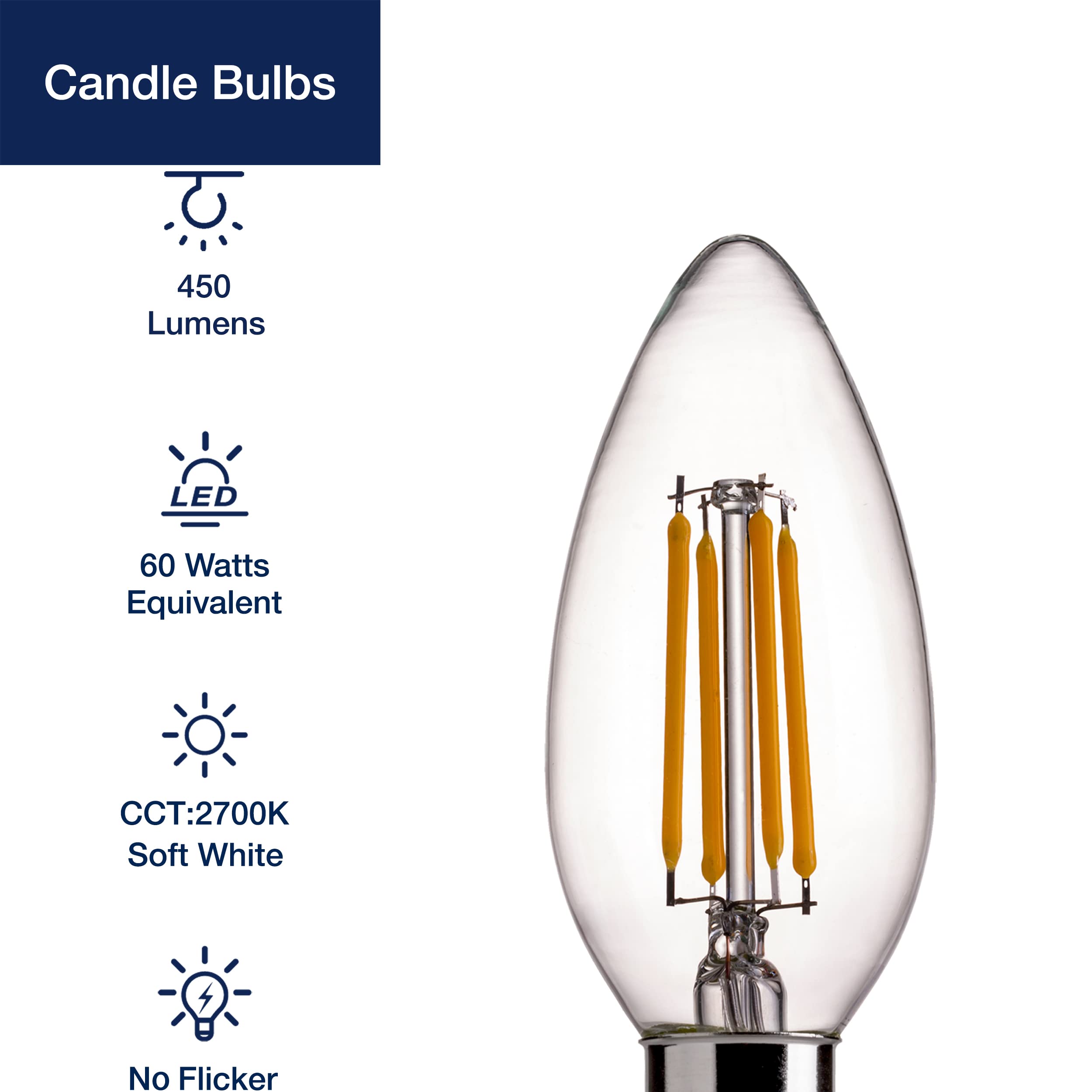 Flsnt 12-Pack Dimmable Led Candelabra Bulbs, 60W Equivalent, 2700K Soft White Light