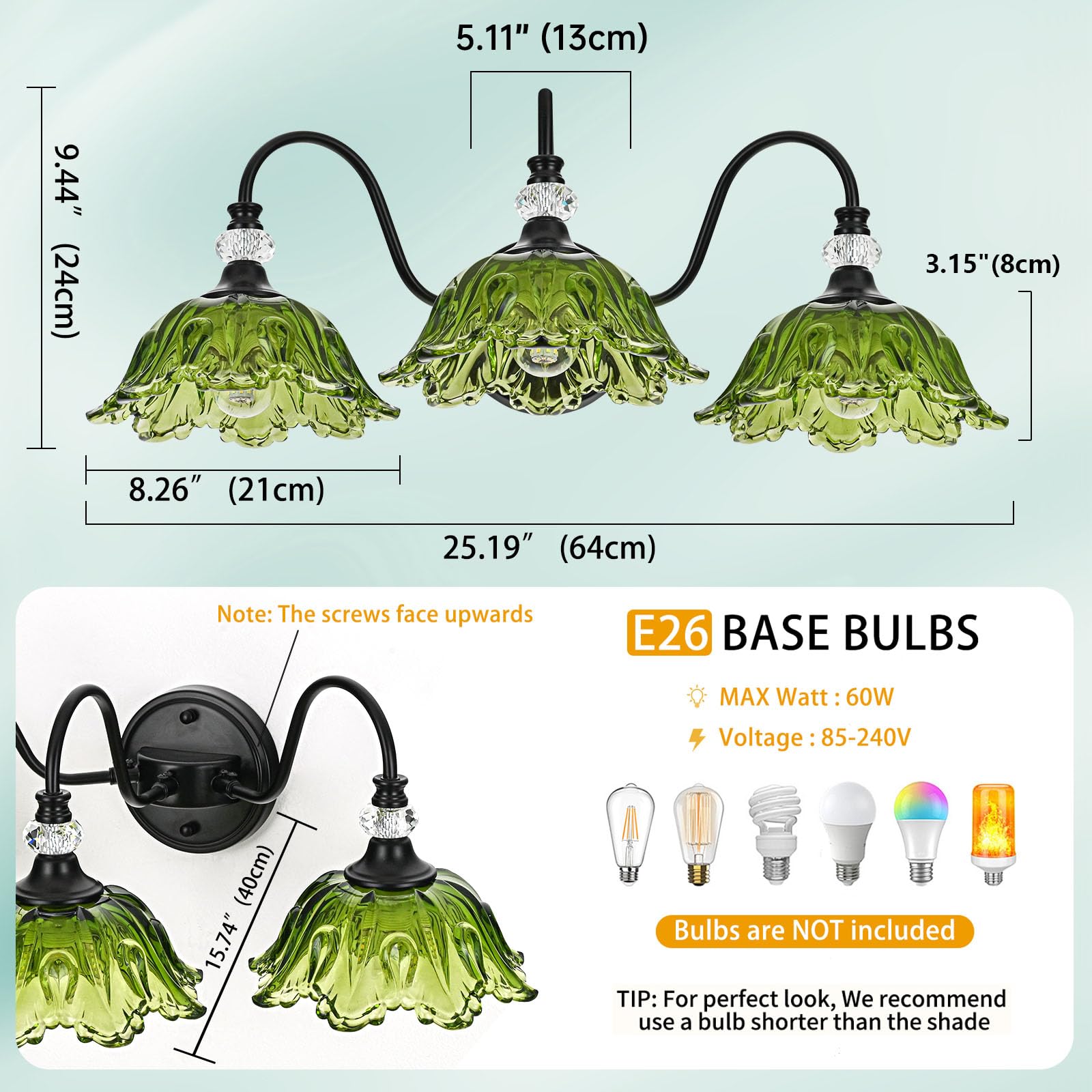 Sunkryster Black Bathroom Vanity Light 3-Light Vanity Light With Floral Green Glass Shades Vintage Farmhouse Wall Mount Lighting For Bathroom  Dressing Table