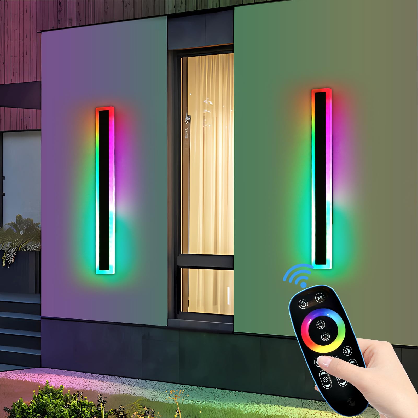 Daoseolo 2 Pack Outdoor Rgb Wall Sconce, 23.6Inch Modern Led Light Fixture, Ip65 Waterproof, 10 Colors, 5 Modes, Dimmable With Remote Control, Long Linear Wall Mount Lighting For Garden, Patio, Fence