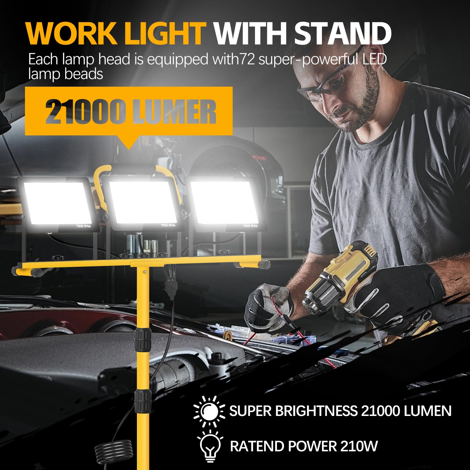 21000 Lumen Work Lights With Stand, 3 Adjustable Heads Led Work Lights, With Adjustable And Foldable Tripod Stand, Waterproof La