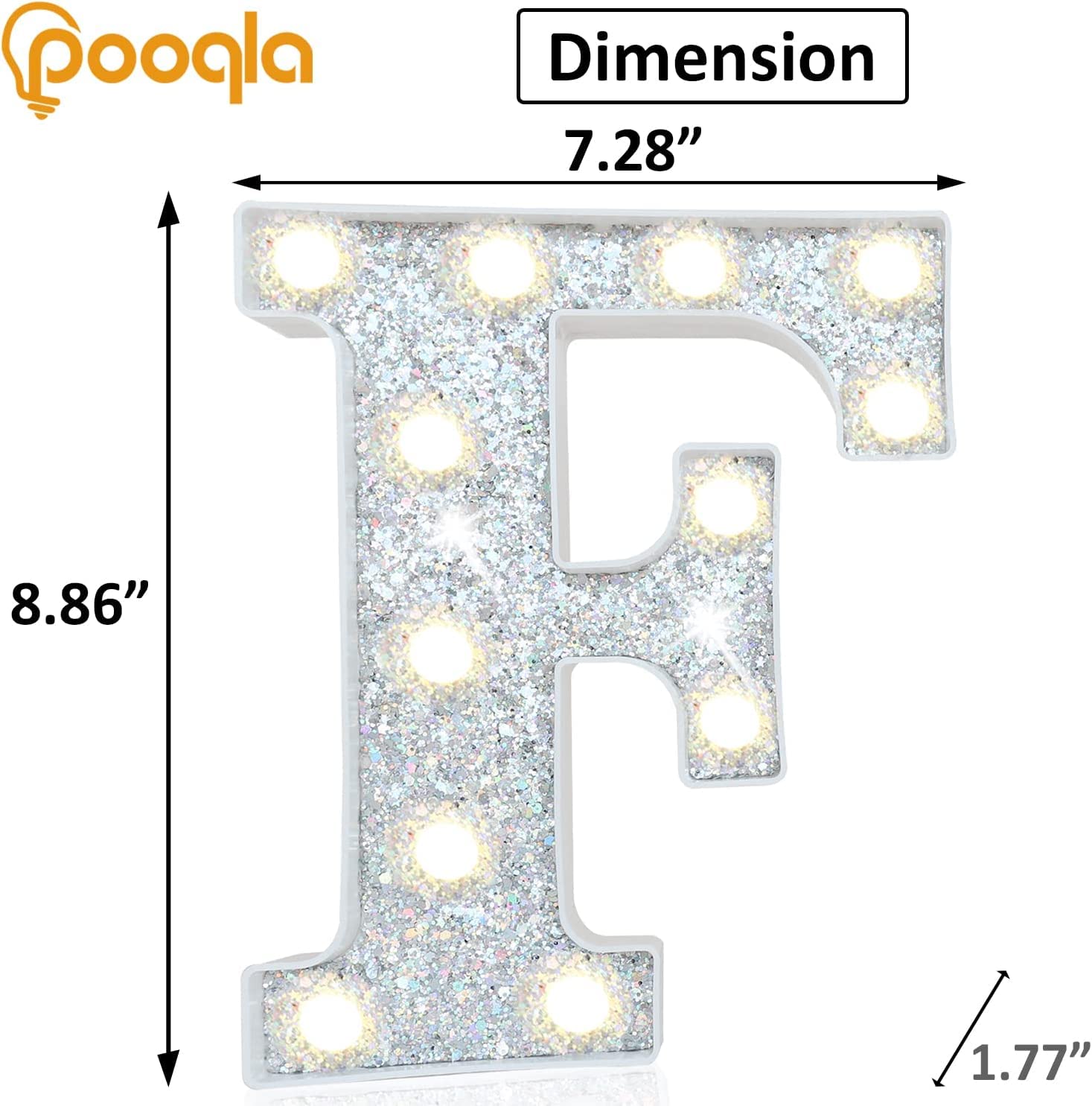 Pooqla Colorful LED Marquee Letter Light, Battery Operated, 16 Colors, Silver, Model S-RGB Silver-F, Perfect for Parties and Decoration