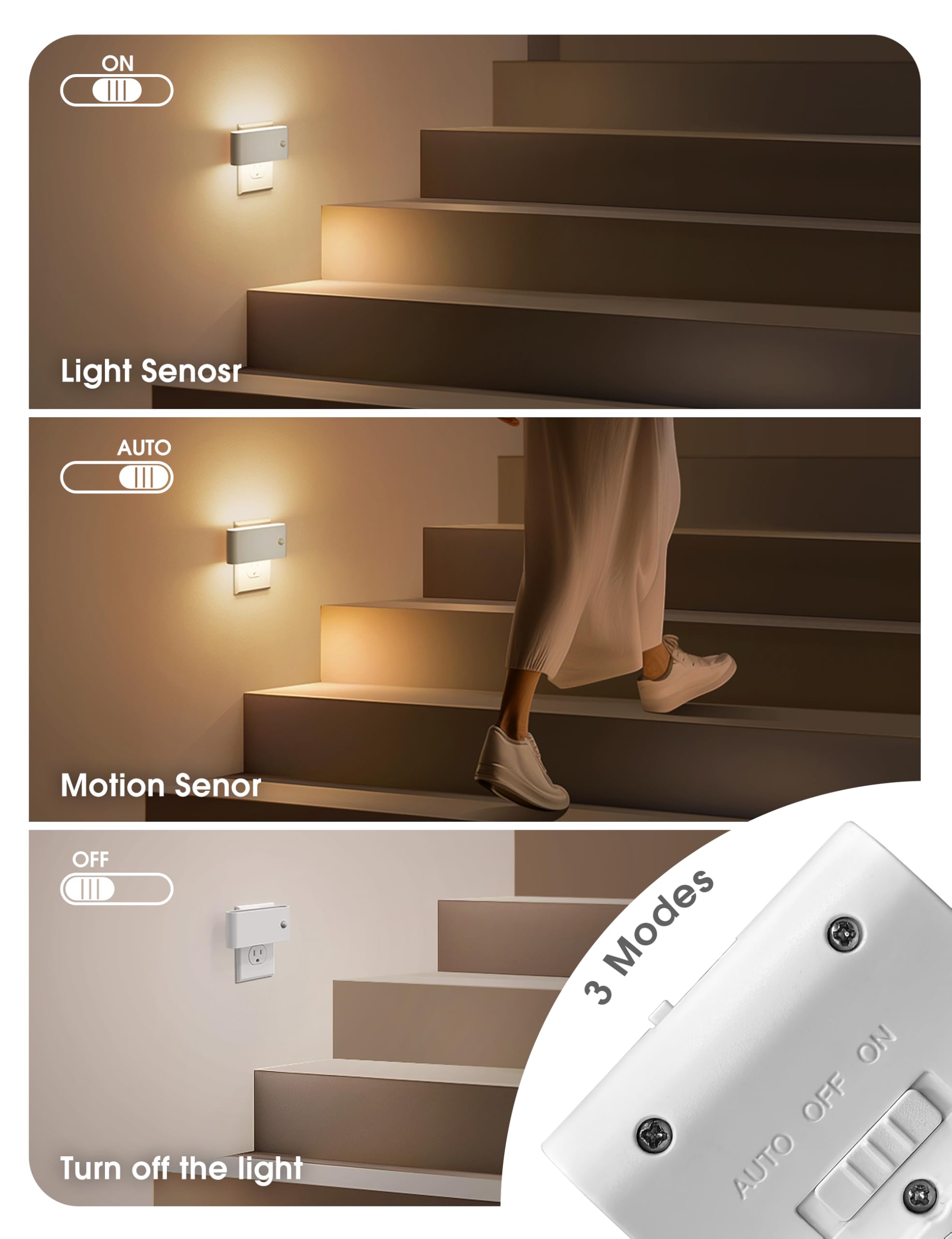 Jandcase Night Light Plug Into Wall,2 Pack Motion Senor Night Light, 0-100 Lm Dimmable Plug In Nightlight, Activated Motion Led