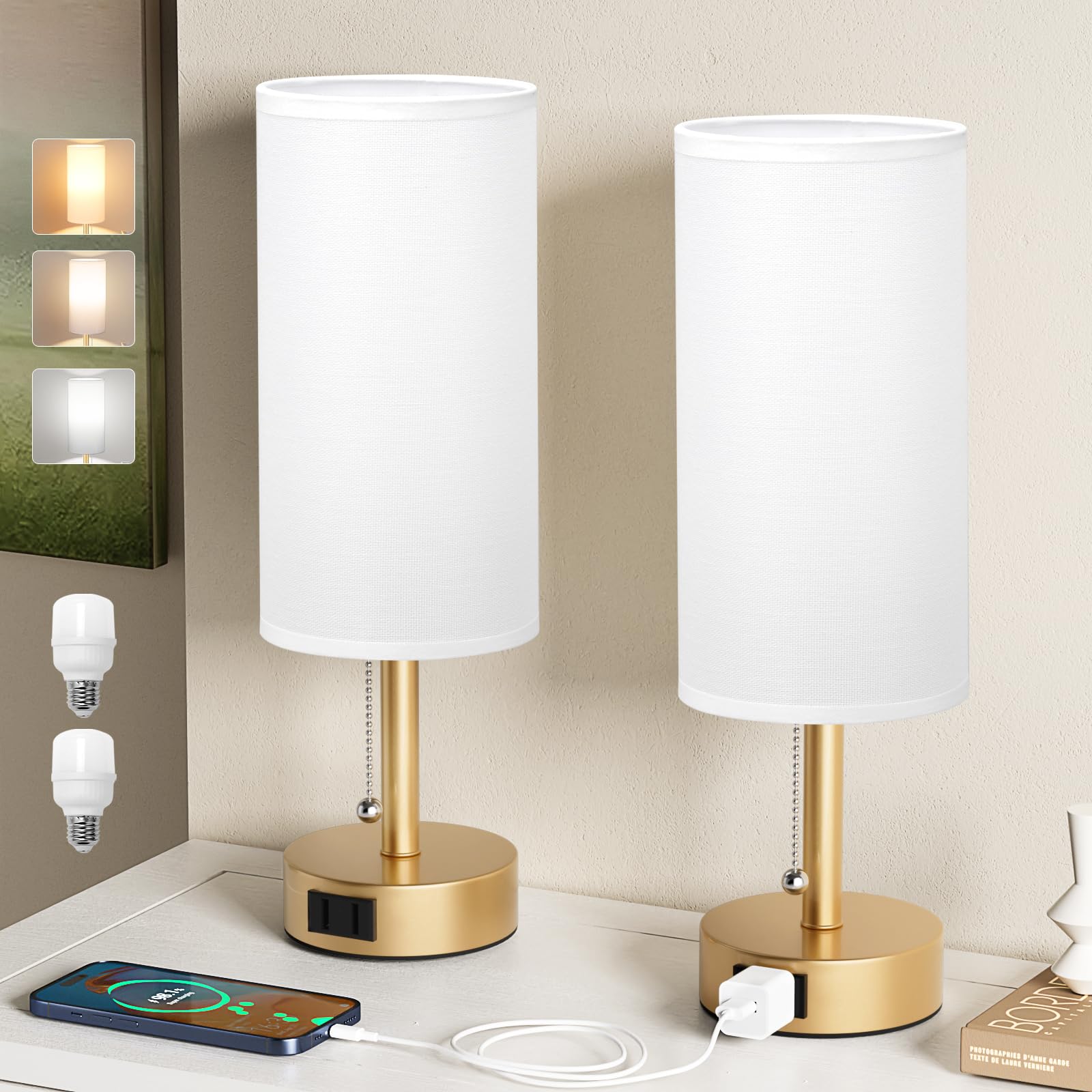 Fenmzee Gold Bedside Table Lamps Set of 2-3 Color Temperatures Pull Chain Lamp with AC Outlet Charging Port, Two Round Night Sta