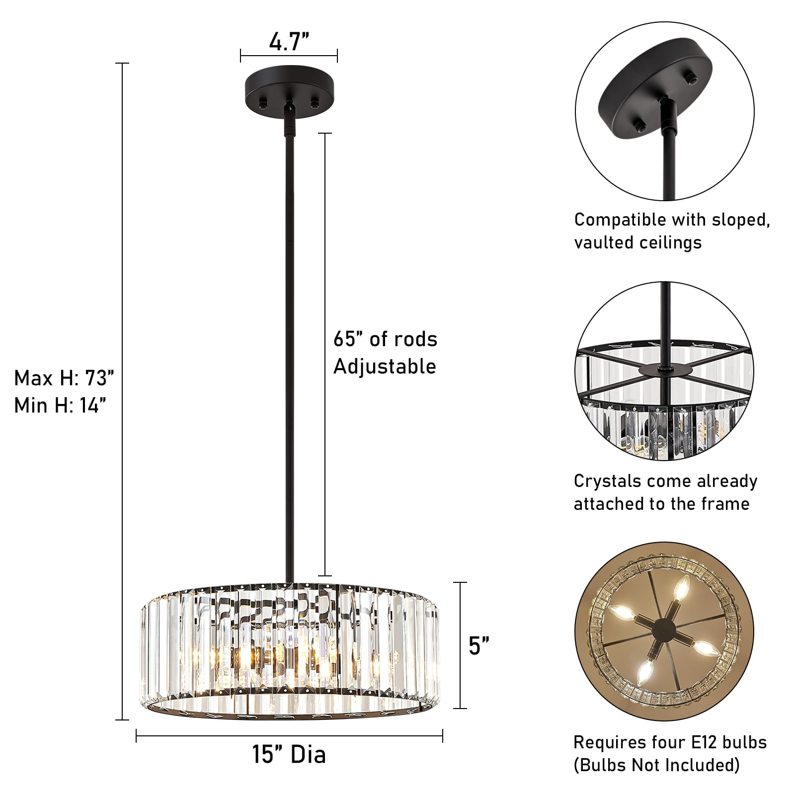 Yurnyq Black Crystal Chandelier For Dining Room, 4-Light Modern Semi Flush Mount Chandelier Lighting Fixtures, Round Kitchen Han