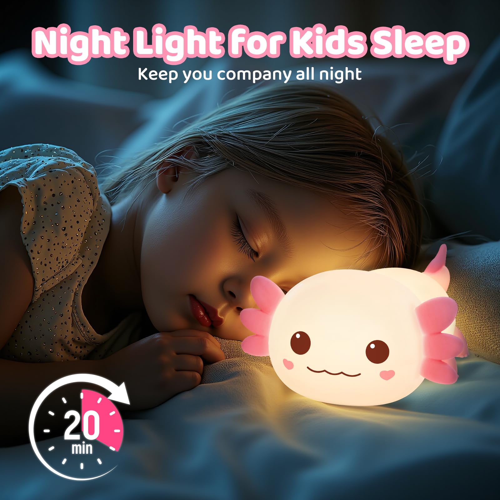 Caaaat Axolotl Night Light for Kids, 2 Level Dimmable Lamp, Huggwaii Silicone Kids Night Light, Cute Bedside Touch nightlight,12