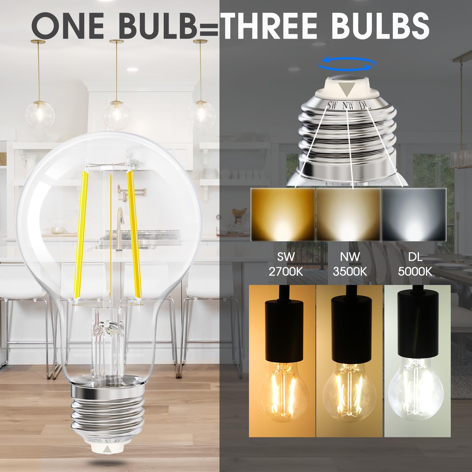 Energetic 3Cct E26 Led Filament Light Bulb, (2700K/3500K/5000K) 3 Color Temperature Selectable, 6.5W, 60W Equivalent, Dimmable,