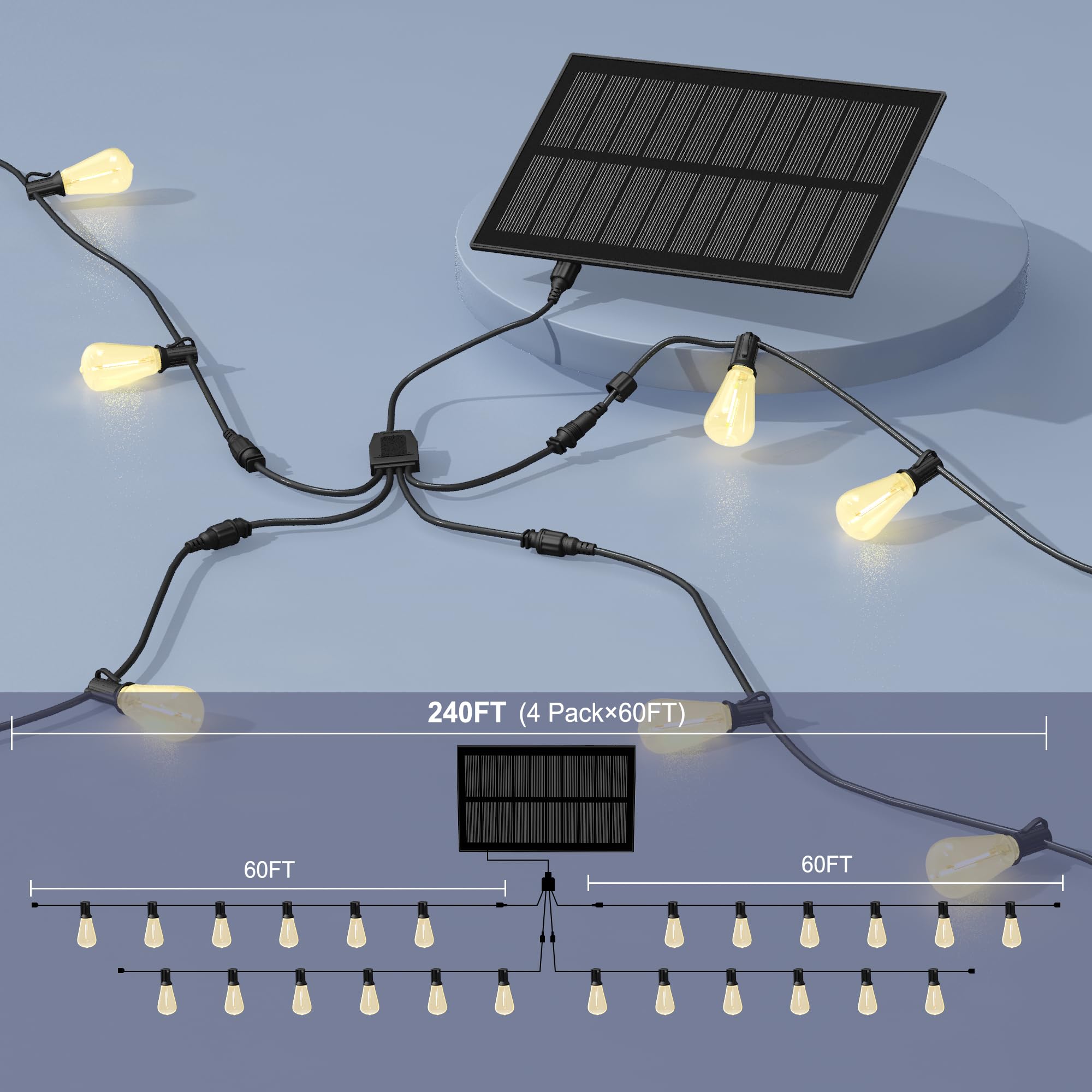 Stright Solar Powered String Light 240Ft With Remote Control 8 Light Modes, Weatherproof Shatterproof St38 Led Bulb, Total 60 Sockets, 1 To 4 Splitter Cord String Lights (End To End 60Ft, Total 240Ft)