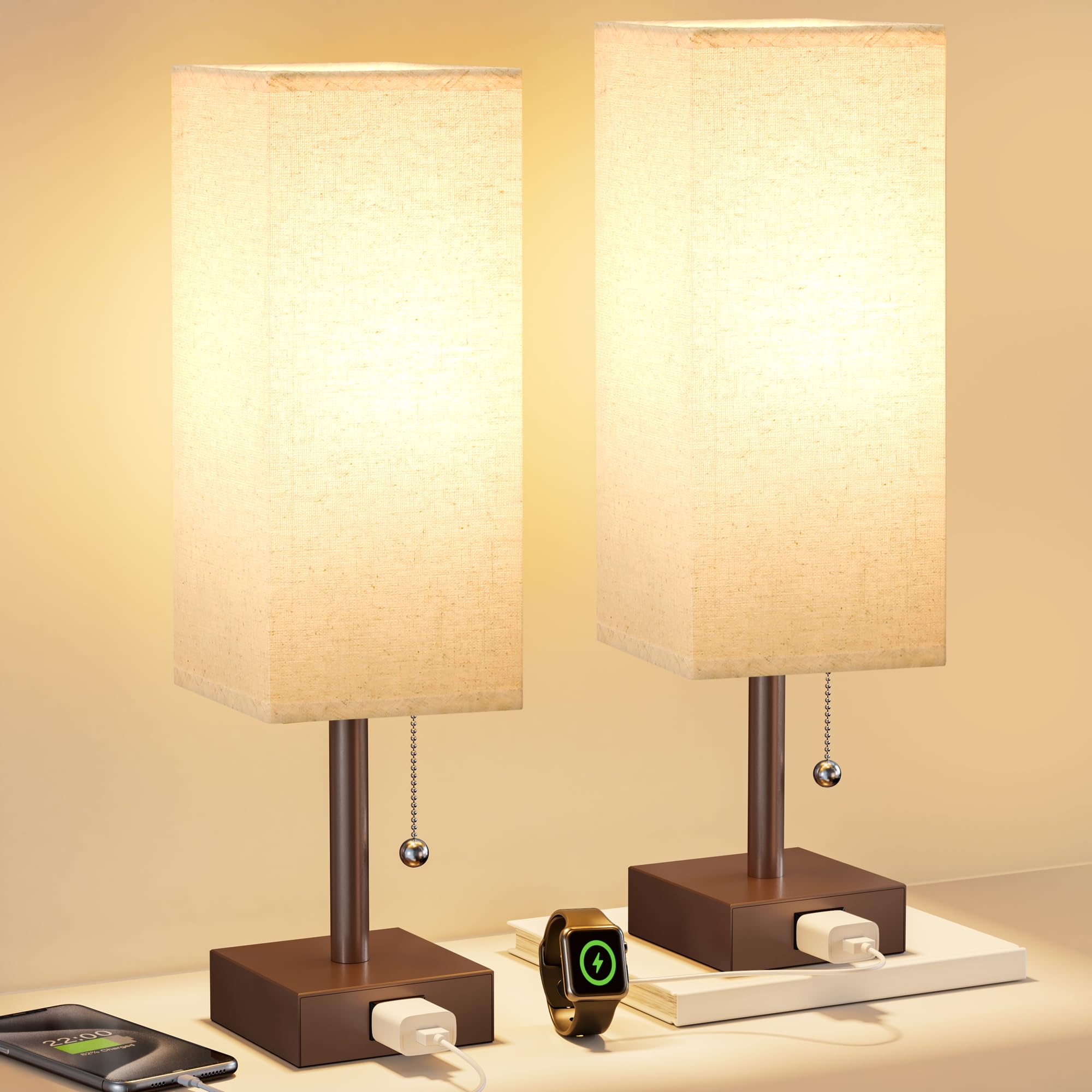 Bedside Lamps for Bedroom Set of 2 - Small Rectangular Nightstand Lamp with USB A C Charging Port, 3 Color Temperatures Desk Lig