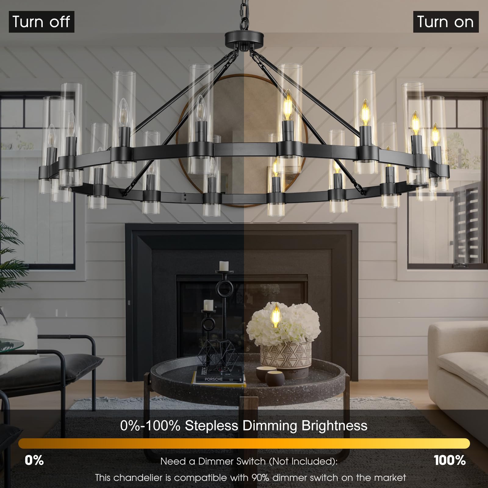 Black Wagon Wheel Chandelier, 48 Inch Chandeliers With Glass Shade, 16-Light Large Chandelier For High Ceiling, Modern Farmhouse