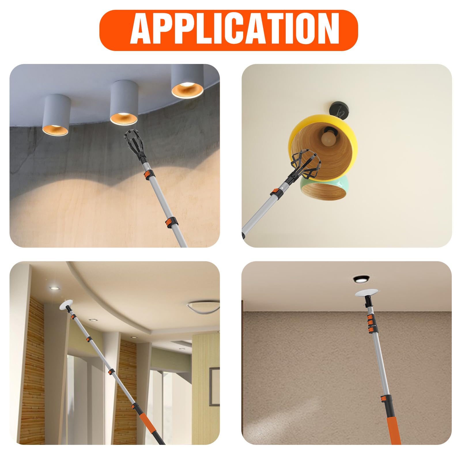 LAANPOLE 26FT Reach Light Bulb Changer with Suction Cup & Baskets, Orange, Aluminum, Model 001 for High Ceilings and Recessed Lights