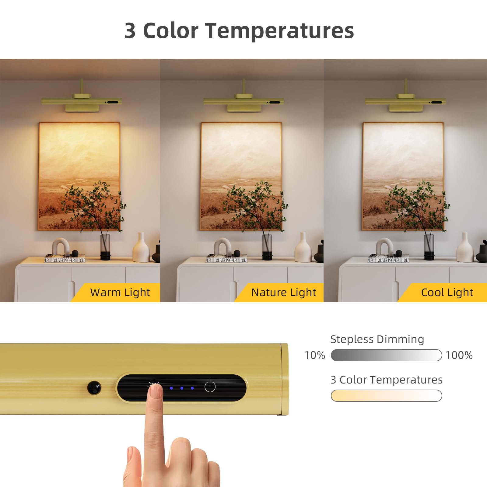 EAYOYAE Wireless Picture Light, 13.8in Gold, Remote Control, Rechargeable, 3 Modes - PC-100 (2 Set)