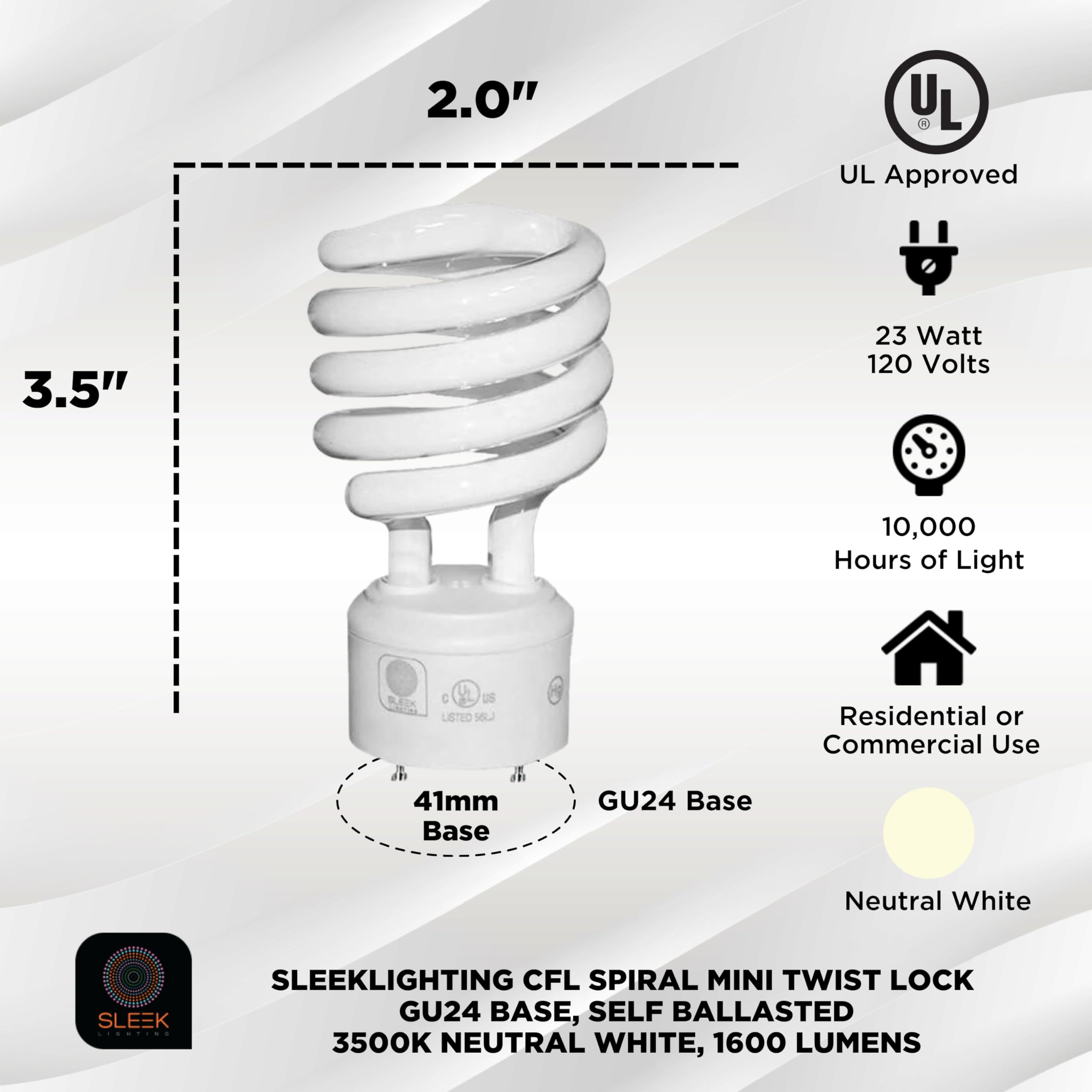 SLEEKLIGHTING 23W GU24 Base CFL Light Bulbs - 3500K Neutral White - 4 Pack, UL Approved, Twist Lock, 100W Equivalence
