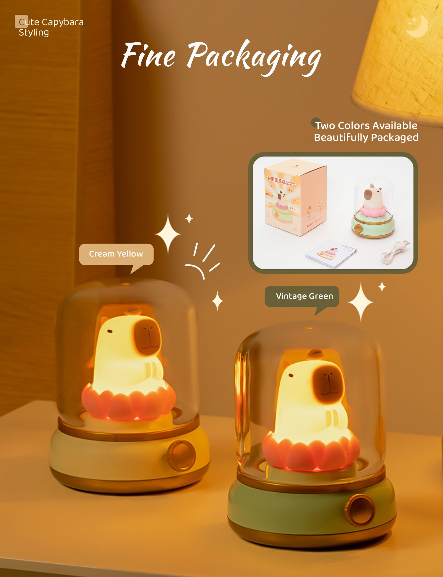 Wanidea Lucky Capybara Night Light, Cute Rechargeable Lamp For Kids, Rotatable Brightness Adjustment, Lucky Capybara Gift (Yello