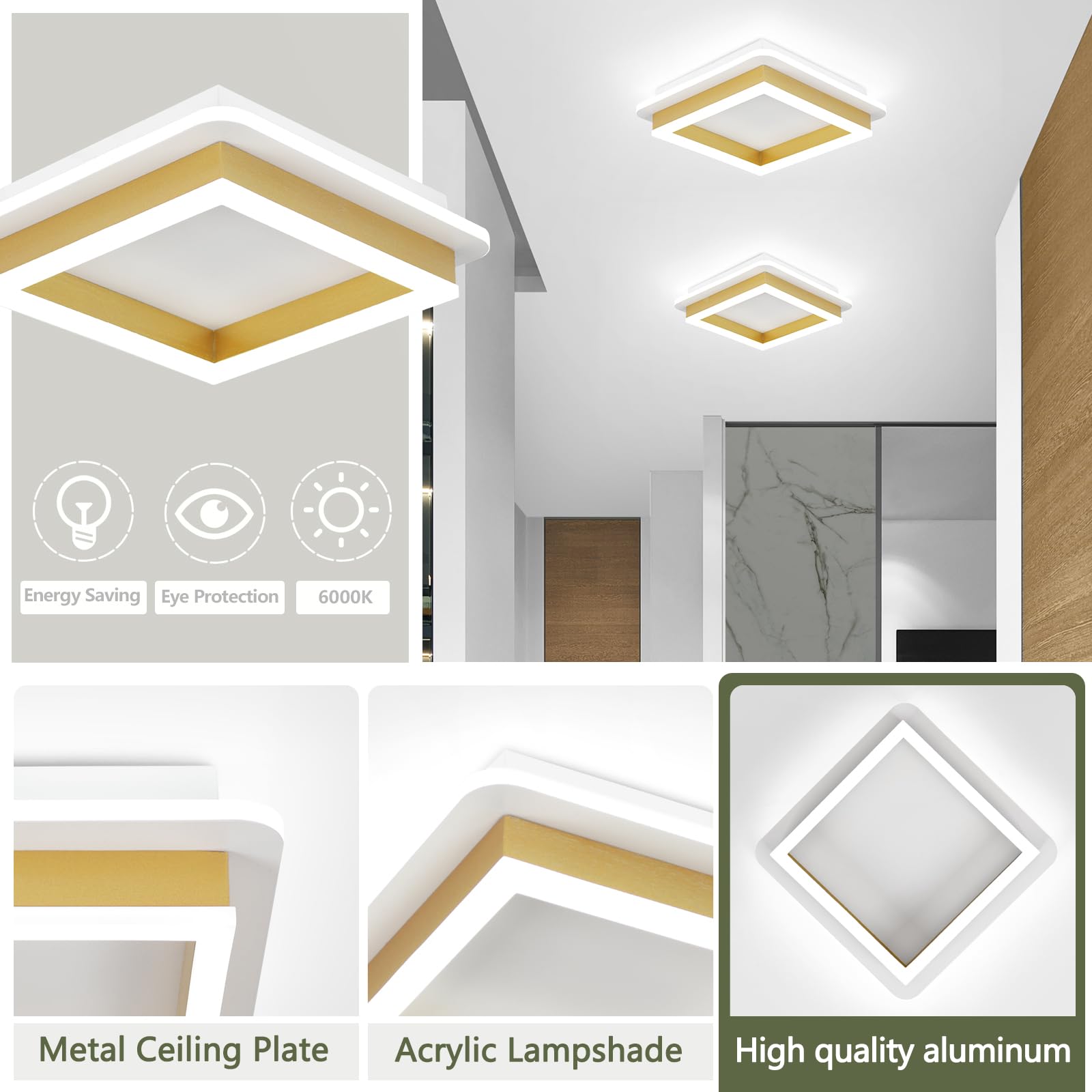 Canoe Square Flush Mount Modern Led Hallway Ceiling Light 24W - Gold Close To Ceiling Lamp For Bedroom, Bathroom, Living Room, K