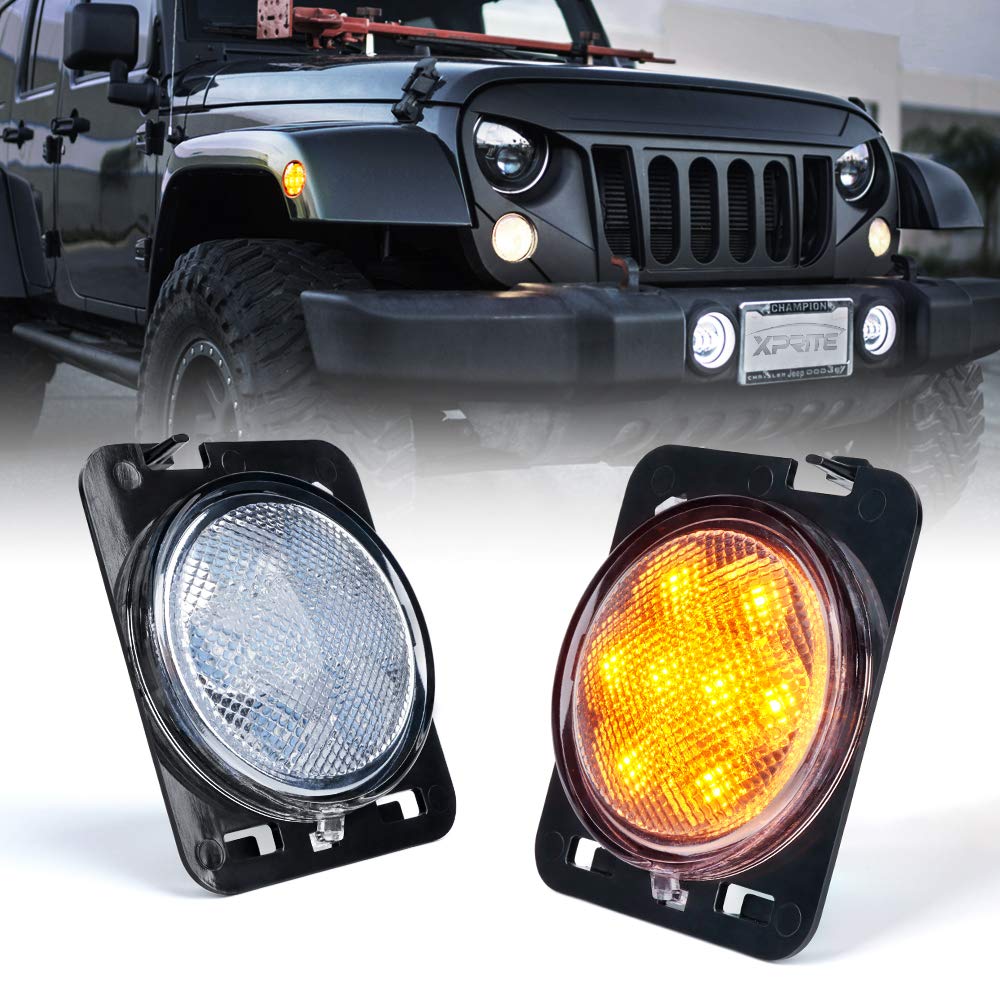 Xprite LED Amber Front Fender Side Marker Light Assembly with Clear Lens Compatible with Jeep Wrangler JK Unlimited 2007 2008 2009 2010 2011 2012 2013 2016 2017 2018 2019-New