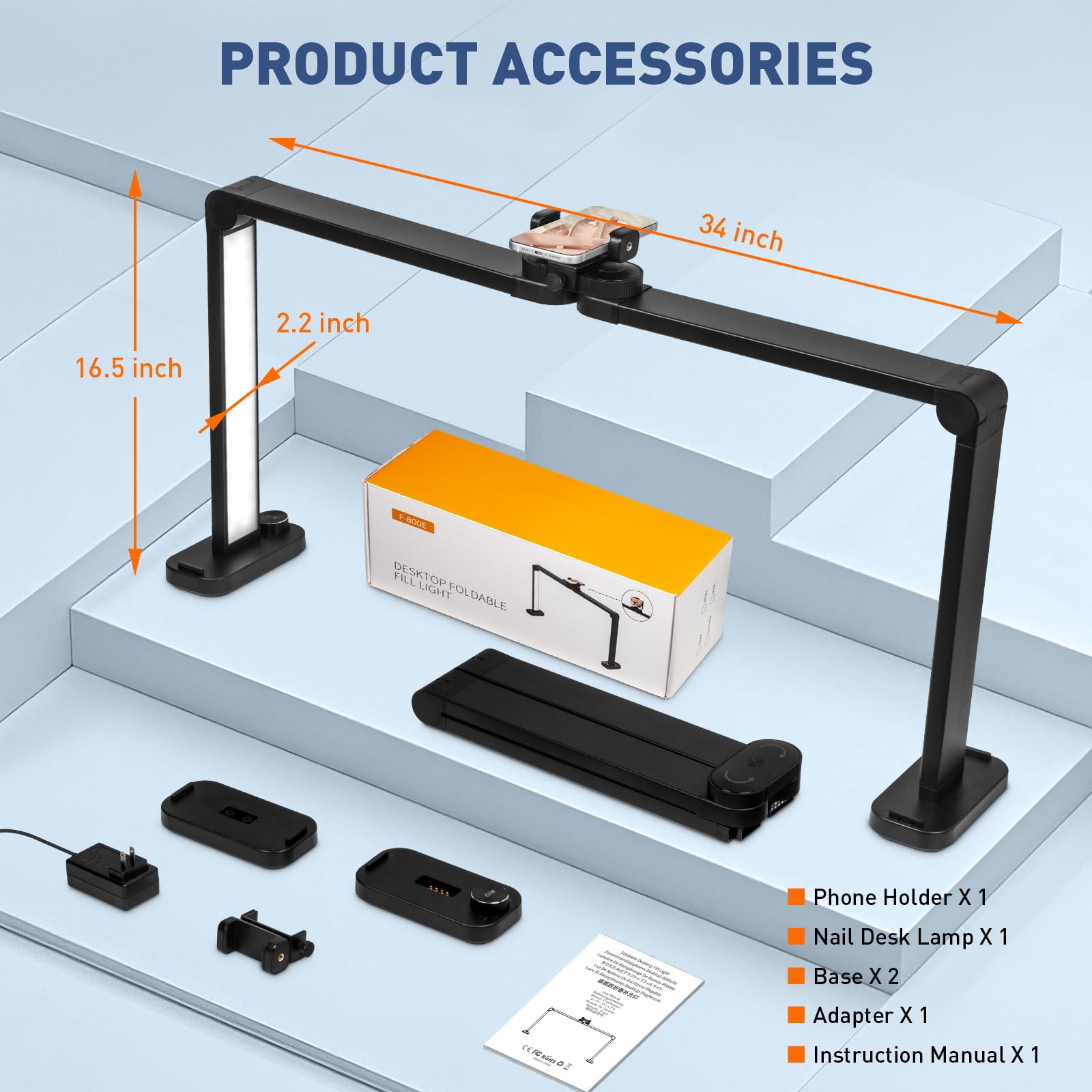 Kirkas 34Inch Large Half Moon Light For Nail Tech, 456 Leds 3 Color Modes Infinitely Knob Arch Nail Light With Phone Holder Char