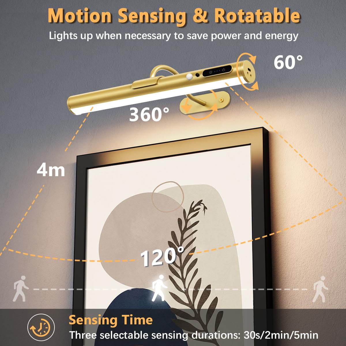 Hapfish Motion Sensor Wall Sconce, Wireless Rechargeable Picture Light, Remote Control, Gold