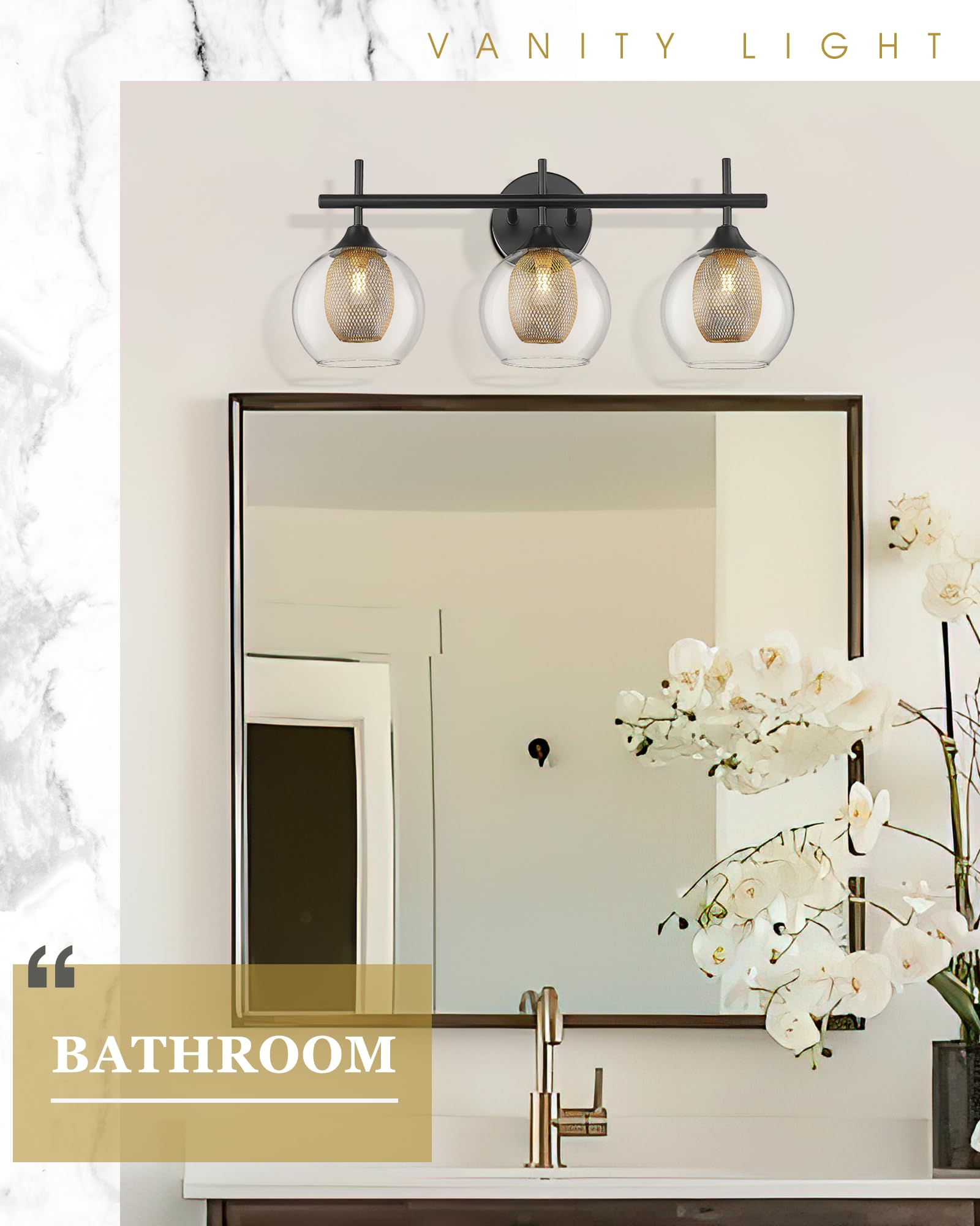 Audickic 3-Light Black and Gold Bathroom Vanity Light Fixture, Metal Wall Sconce with Clear Glass Shade, Model AD-22001-3W-BK