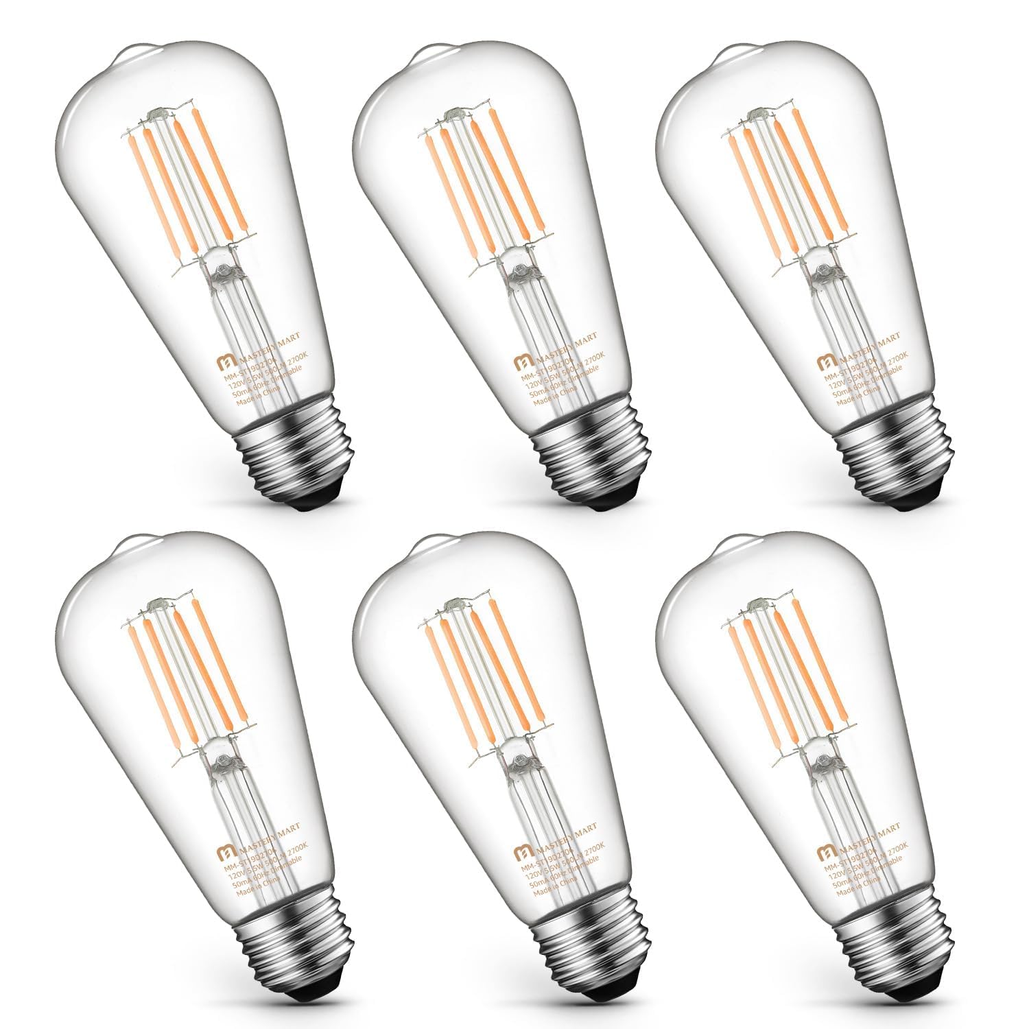 Mastery Mart 6 Pack Vintage Edison Bulbs, E26 Led Bulb 5.5W Equivalent To 60W, Dimmable, 2700K Soft White, High Brightness Antiq