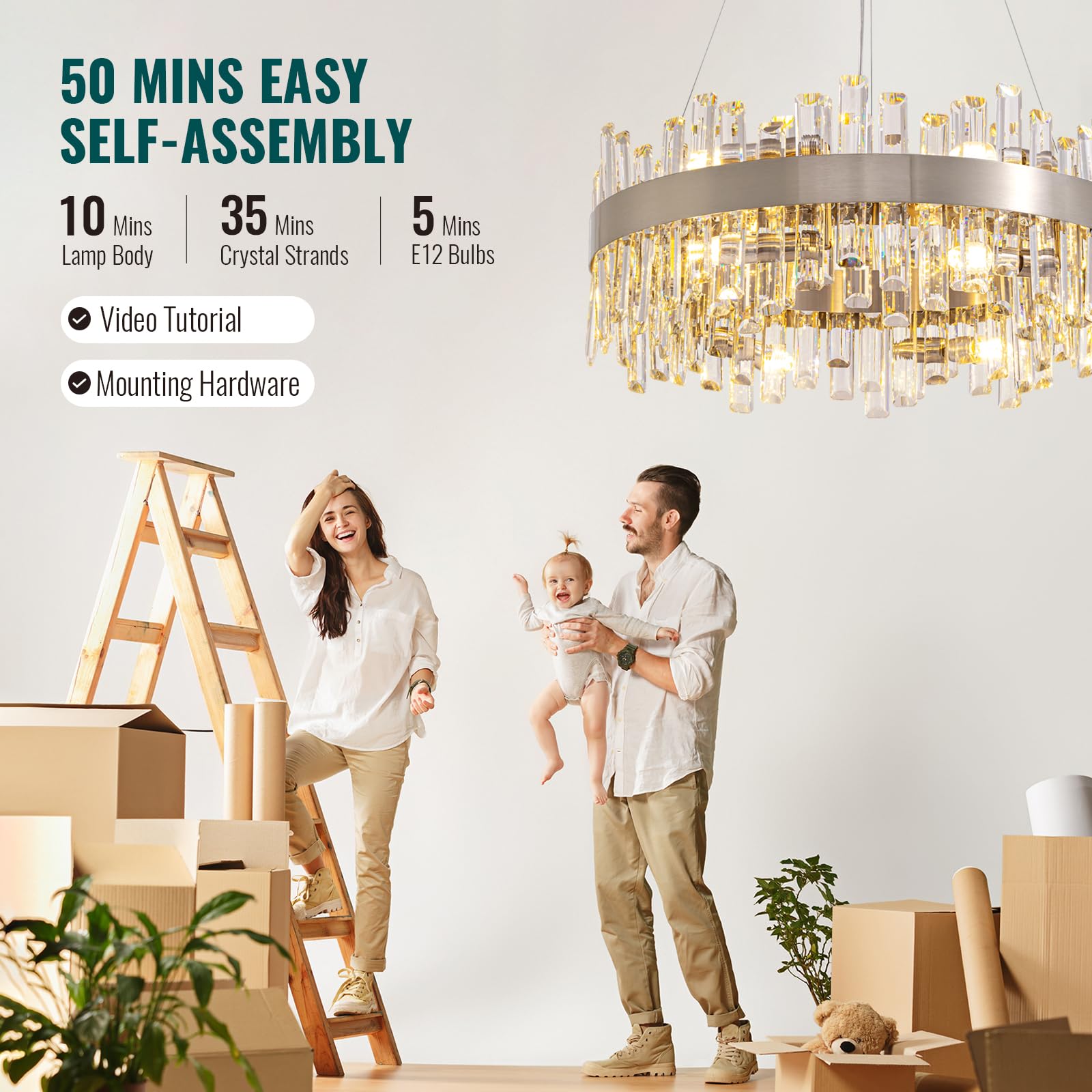Siljoy Modern Crystal Chandelier, 12-Lights, Polished Chrome, Round D23.6'', Nickel, Model HLP12506SQG