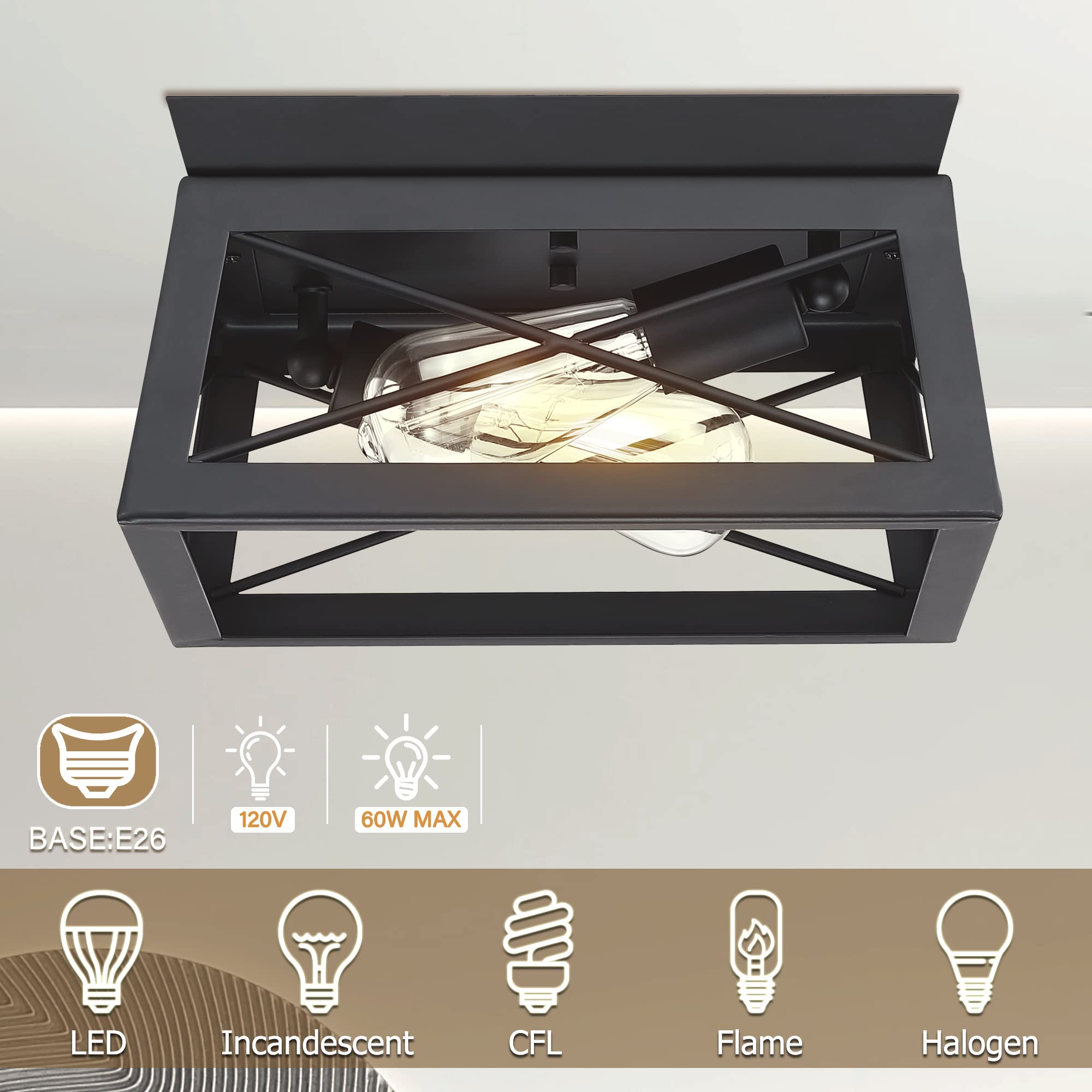 Pia Ricco Flush Mount Ceiling Light Fixture, Outdoor Ceiling Light For Porch, Black Farmhouse Ceiling Light, Modern Industrial S