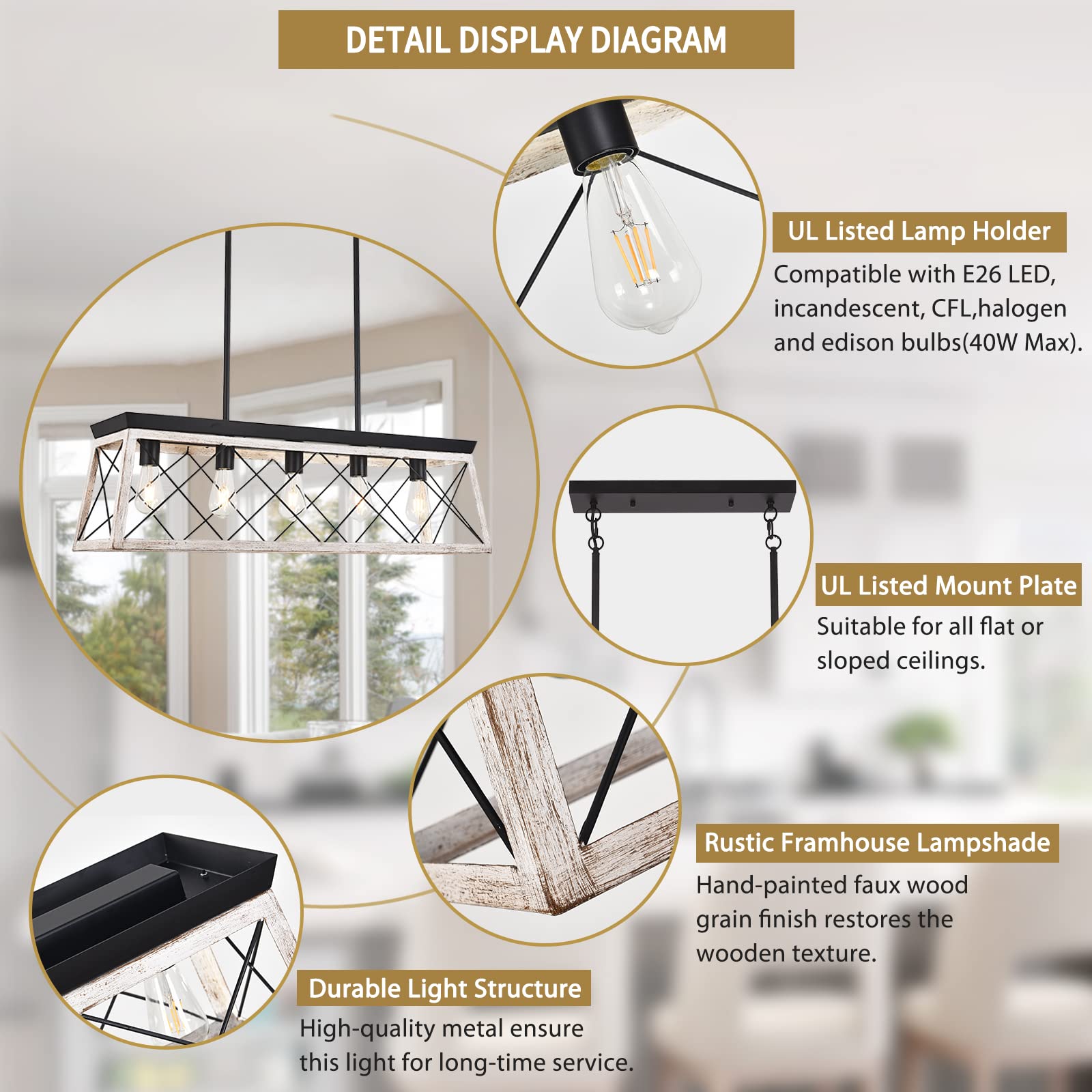 Merbotin 5-Light Farmhouse Kitchen Island Chandelier - Distressed White Wood Rustic Pendant Light