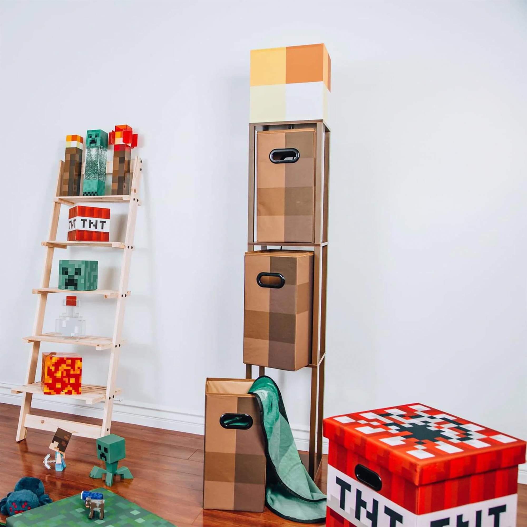 Minecraft 5-Foot Standing Floor Lamp with Storage Unit, Brown Metal, Model 16231, Includes 3 Cube Organizer Storage Bins