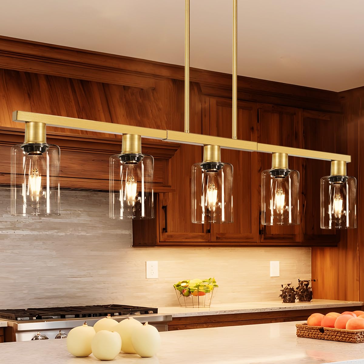 5-Light Kitchen Island Lighting Gold Adjustable Chandelier  Farmhouse Dining Room Light Fixtures Over Table  Height Adjustable Linear Pendant Light Fixture With Clear Glass Shade For Kitchen