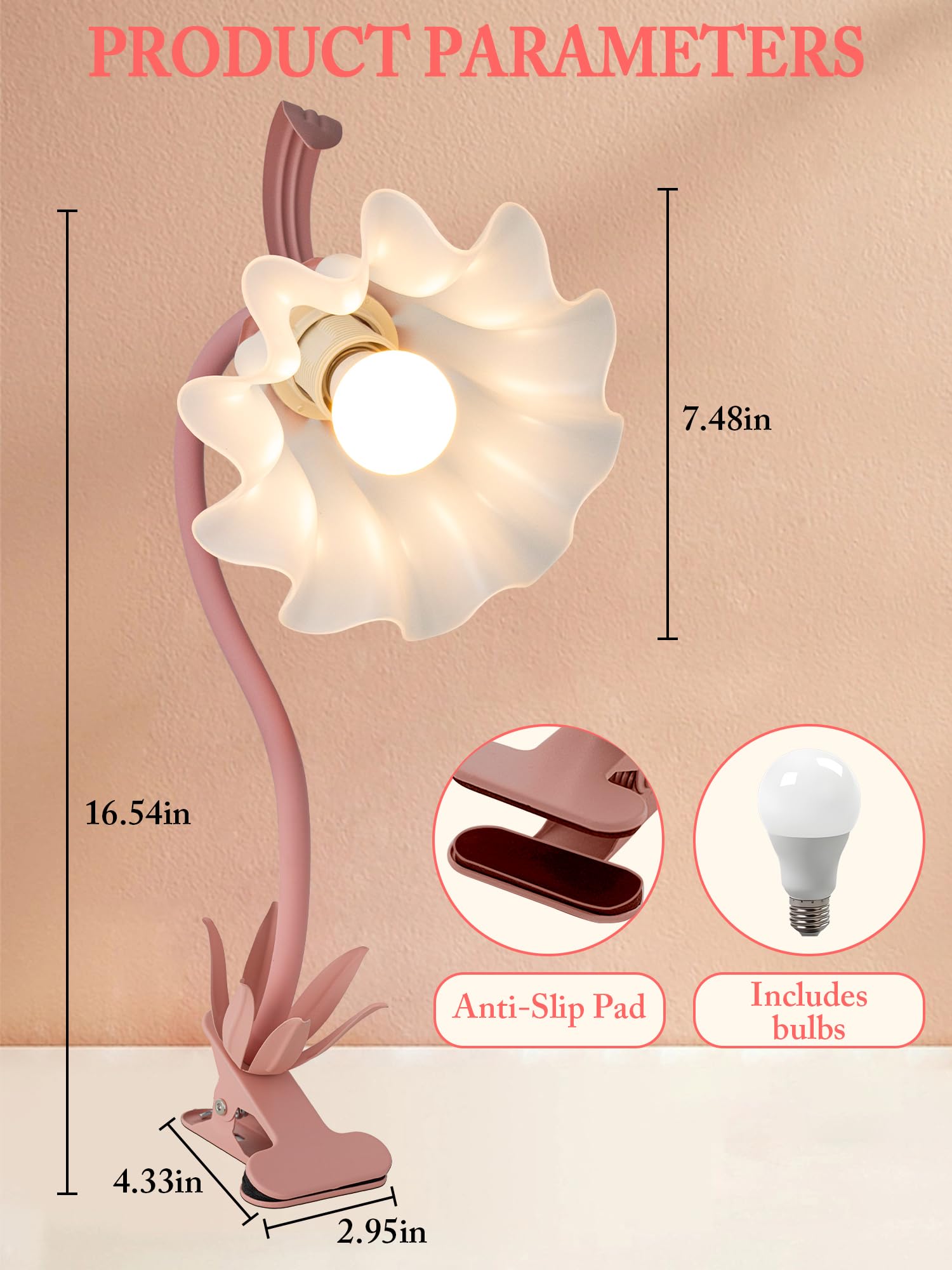 AQDZCNF Flower Clip Light, LED Desk Lamp, 360° Rotation, Vintage Design, Acrylic, Pink