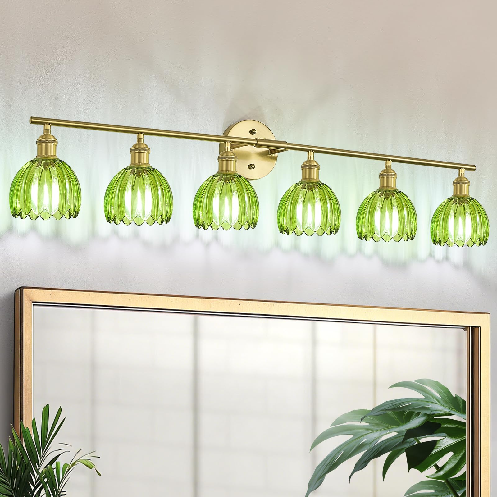 Kvhiiw Vintage Bathroom Light Fixtures,6-Light Hardwired Vanity Lights with Green Tulip Glass Shade,Gold Bathroom Vanity Light f