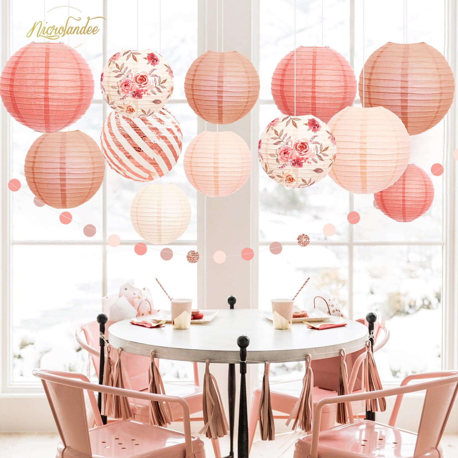 Nicrolandee 12Pcs Rose Gold Paper Lanterns - Vintage Floral Hanging Decorations For Weddings, Baby Showers, Anniversaries, And Birthdays